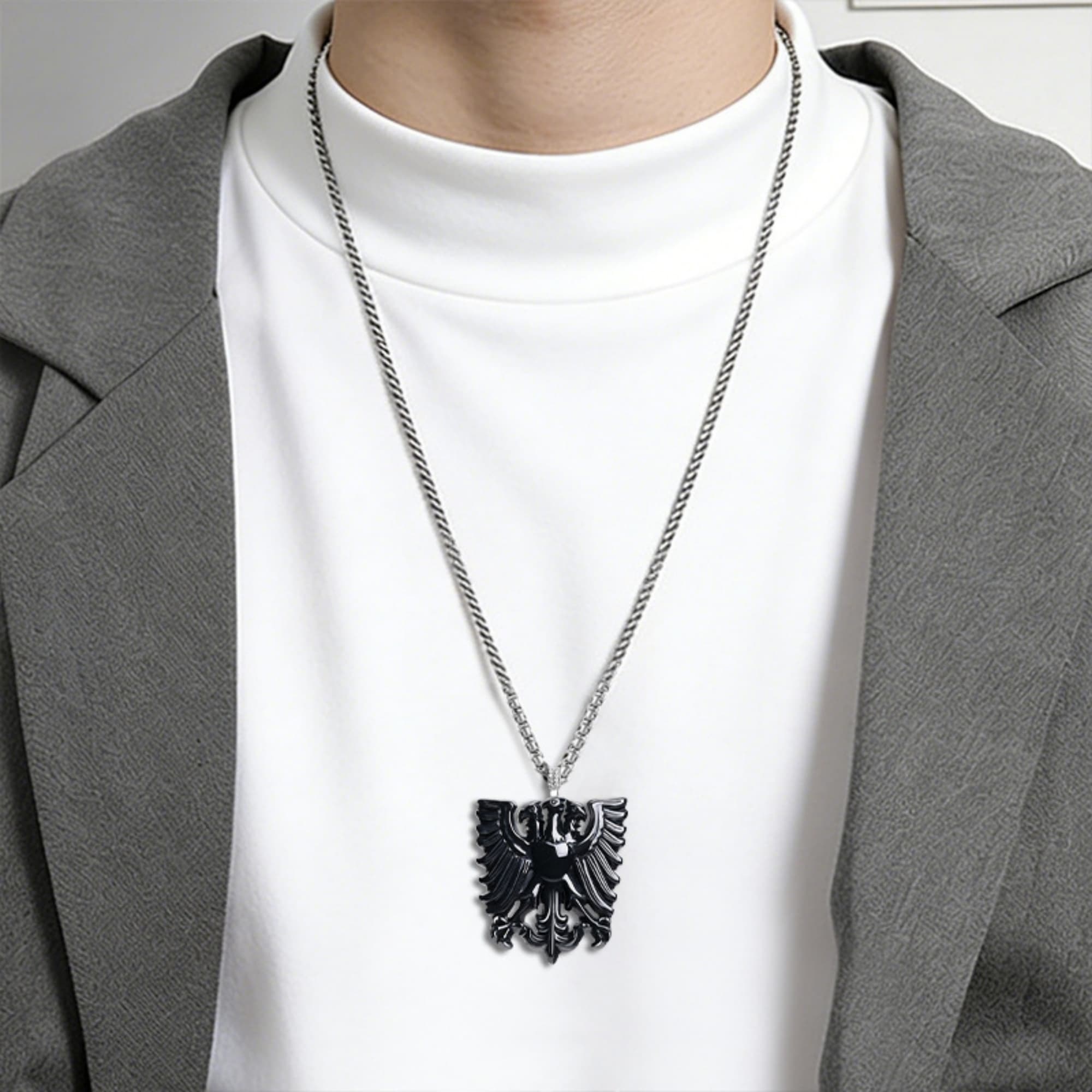 DDP 53mm Natural Certificated Type A Untreated Black Chicken Species Burmese Jadeite Three Headed Eagle Emblem Pendant
