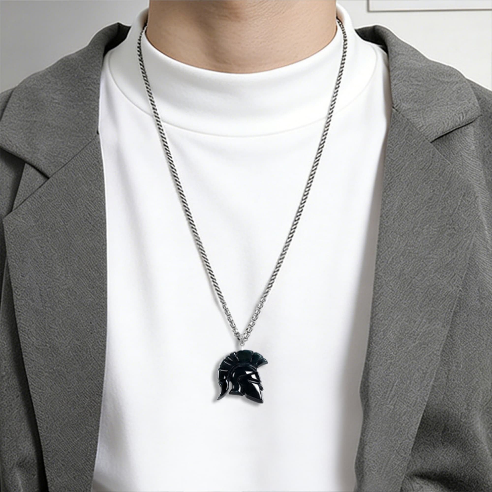 DDP 40mm Natural Certificated Type A Untreated Black Chicken Species Burmese Jadeite Spartan Warrior Helmet Pendant