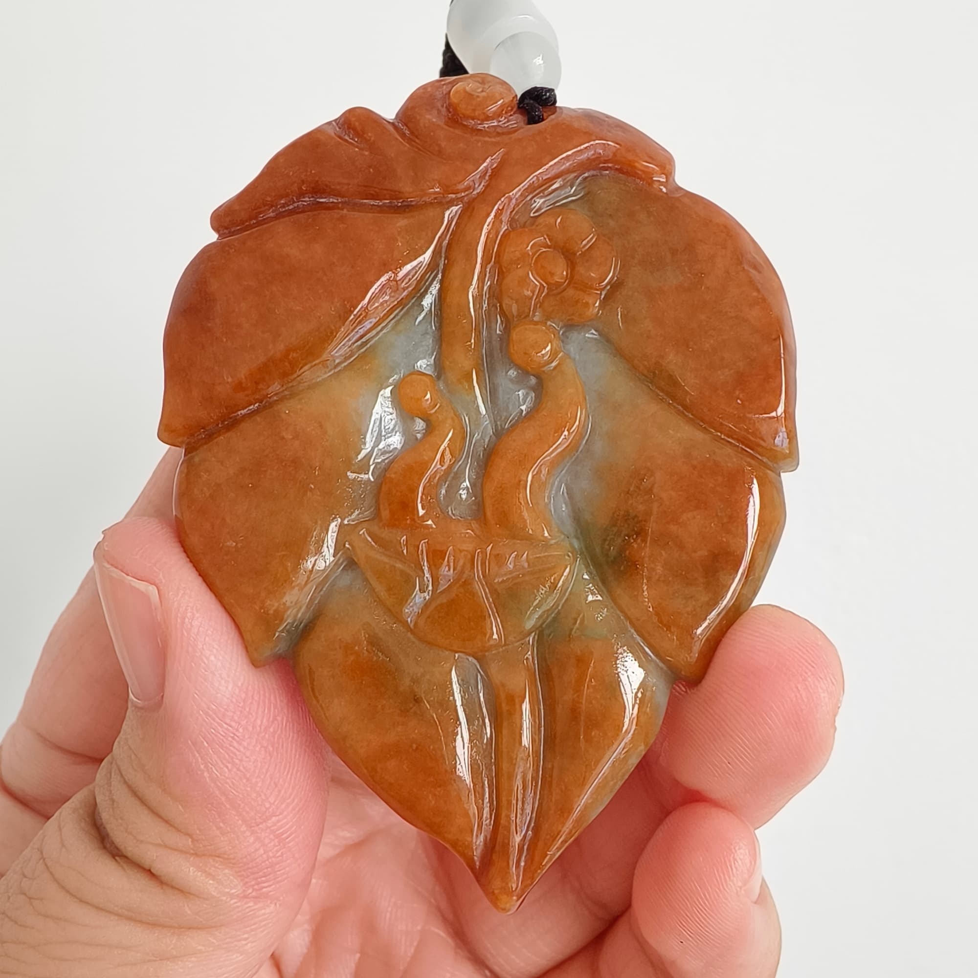 DDP 65.5mm Natural Certificated Red Burmese Jadeite Leaf Pendant With 悟道 Carved