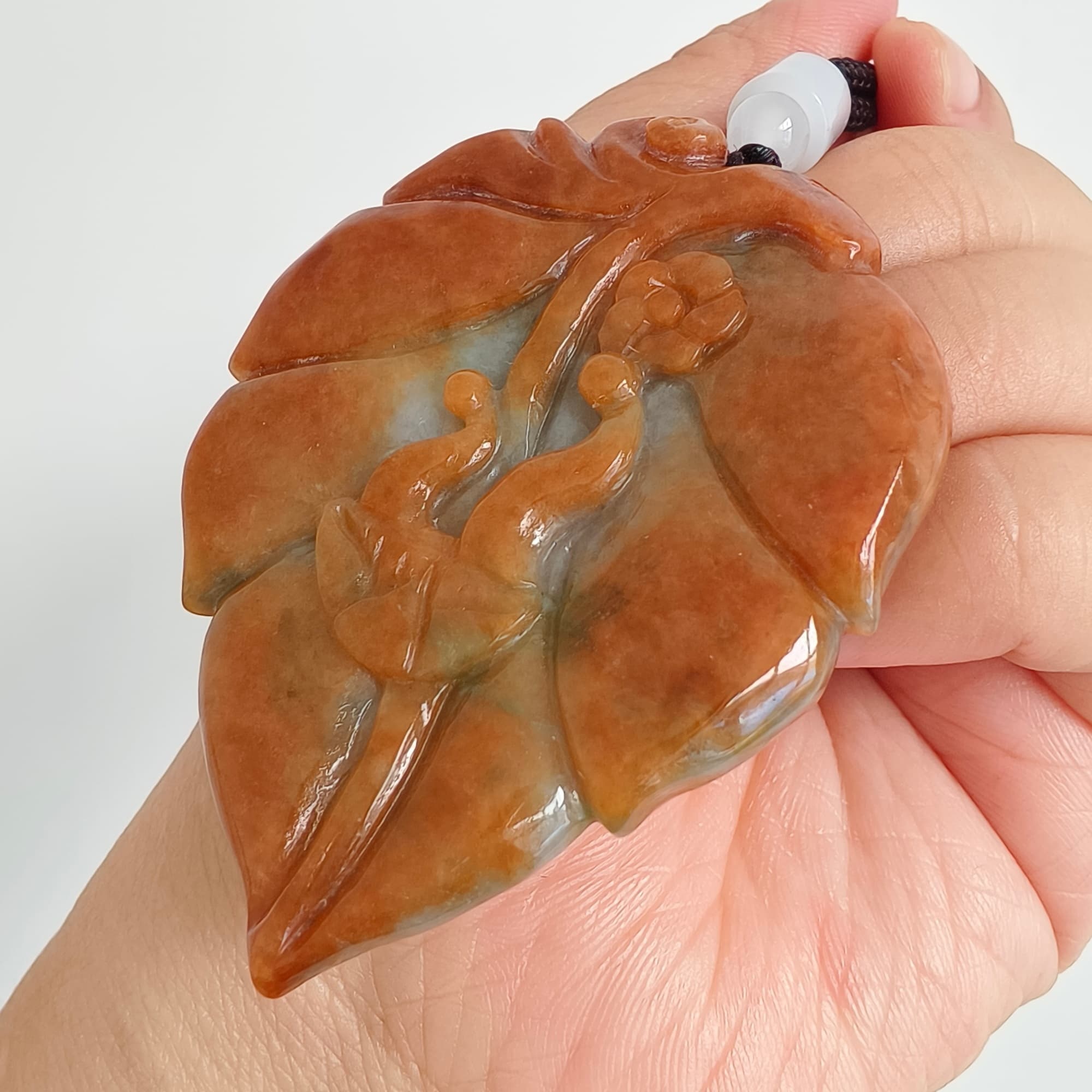 DDP 65.5mm Natural Certificated Red Burmese Jadeite Leaf Pendant With 悟道 Carved