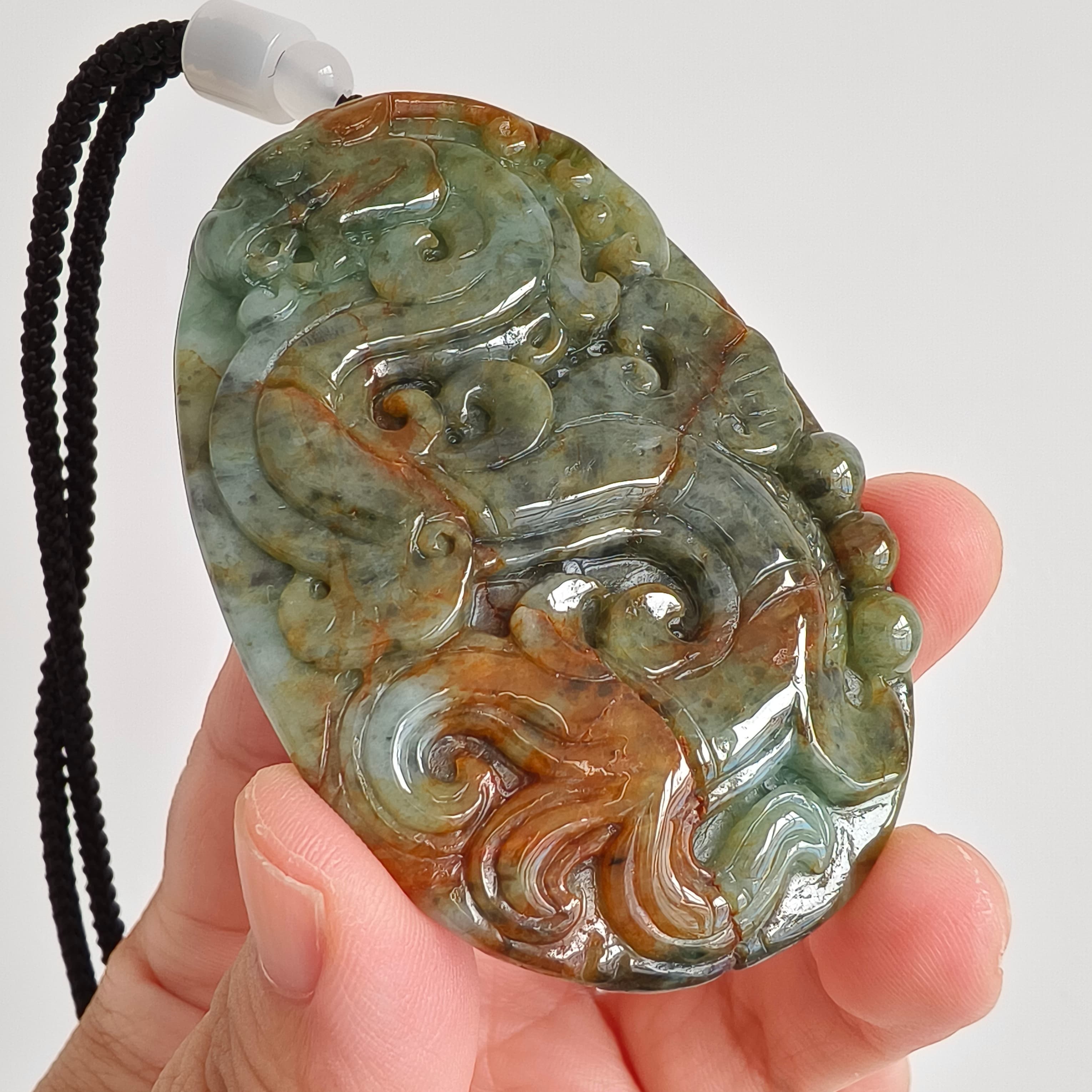DDP 70mm Natural Certificated Multi Color Burmese Jadeite Oval Pendant With Dragon Carved