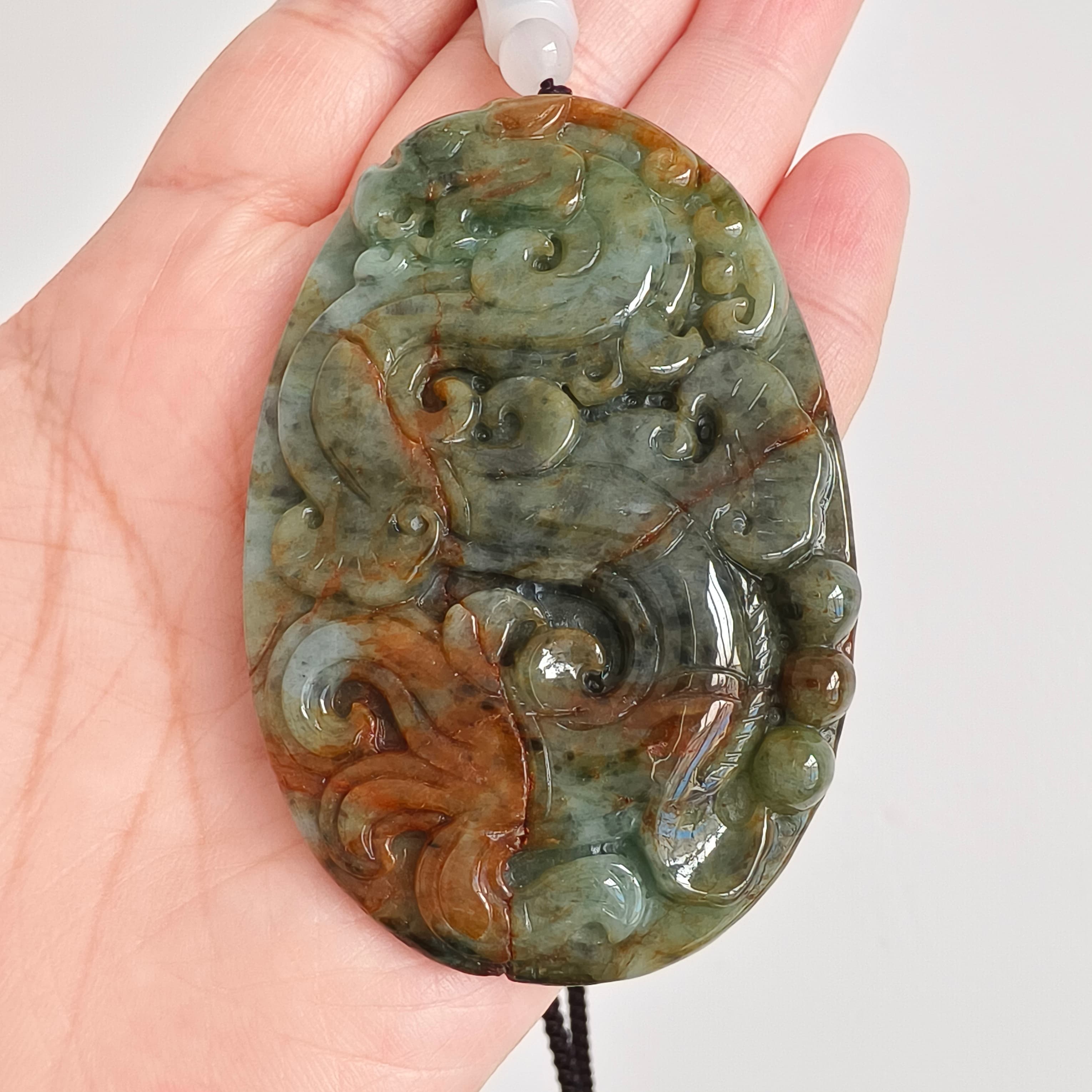 DDP 70mm Natural Certificated Multi Color Burmese Jadeite Oval Pendant With Dragon Carved