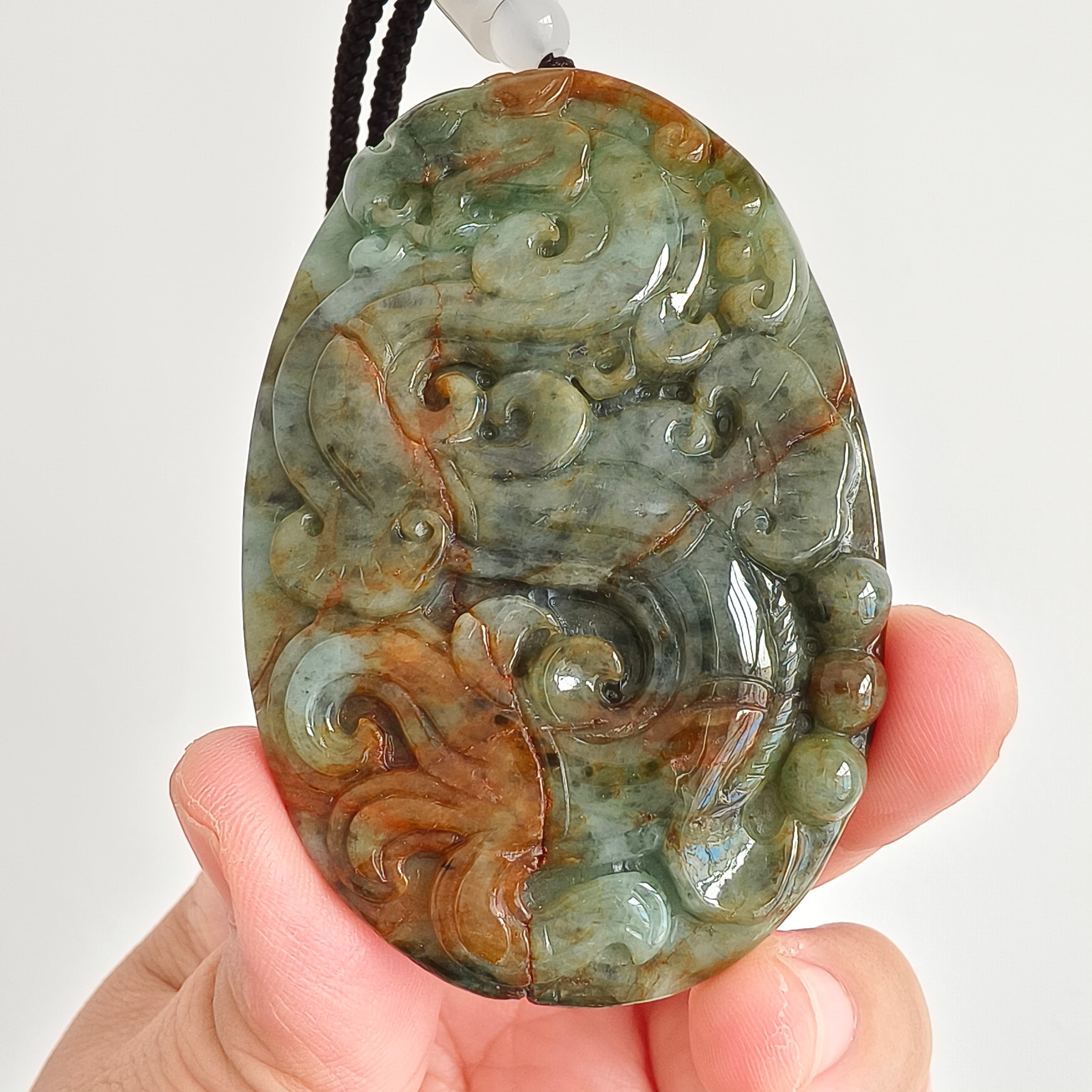 DDP 70mm Natural Certificated Multi Color Burmese Jadeite Oval Pendant With Dragon Carved