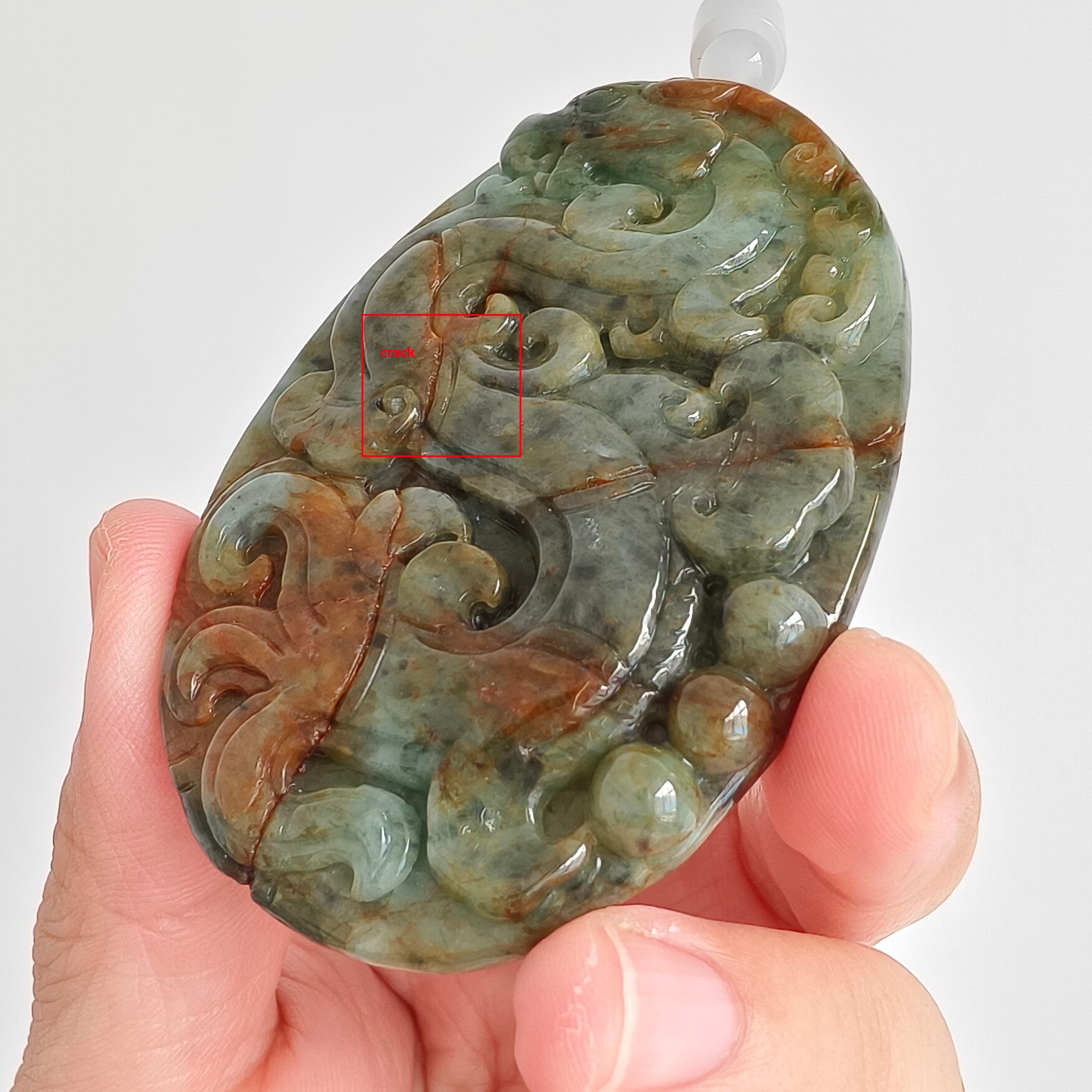 DDP 70mm Natural Certificated Multi Color Burmese Jadeite Oval Pendant With Dragon Carved