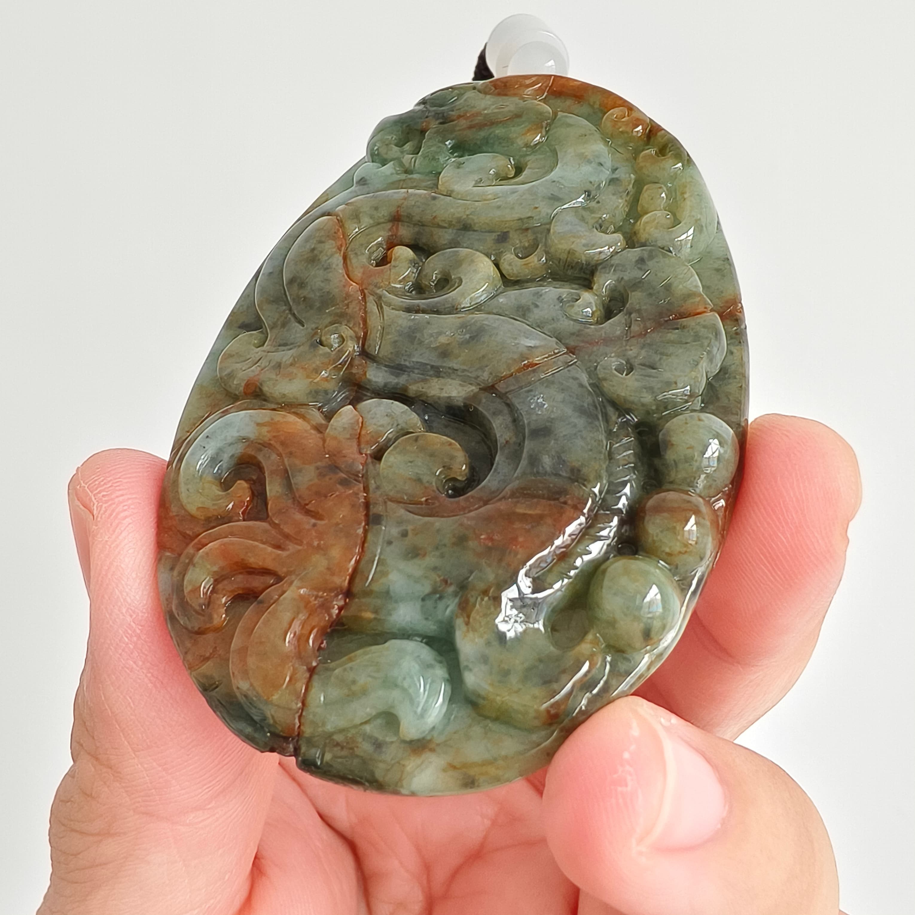 DDP 70mm Natural Certificated Multi Color Burmese Jadeite Oval Pendant With Dragon Carved