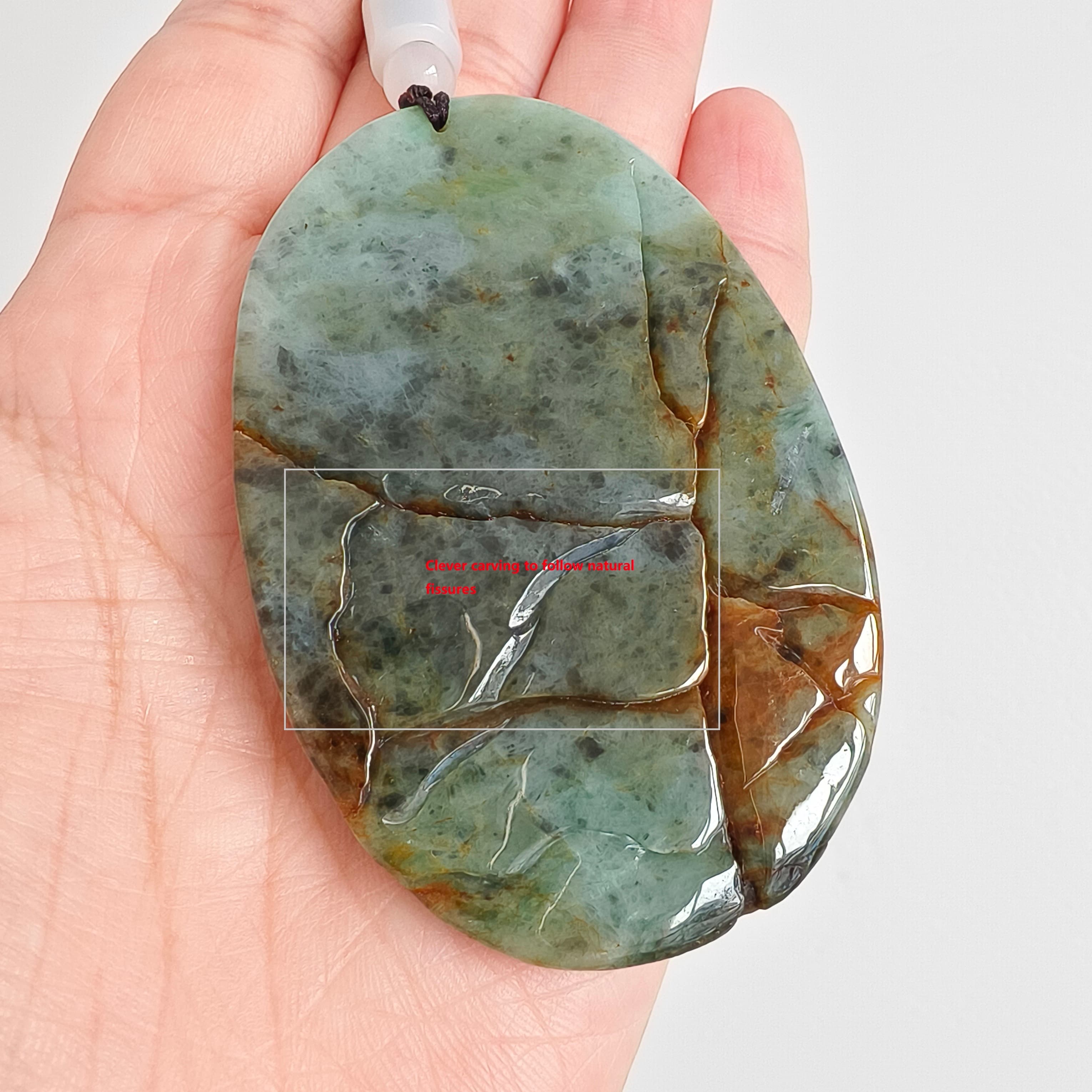 DDP 70mm Natural Certificated Multi Color Burmese Jadeite Oval Pendant With Dragon Carved