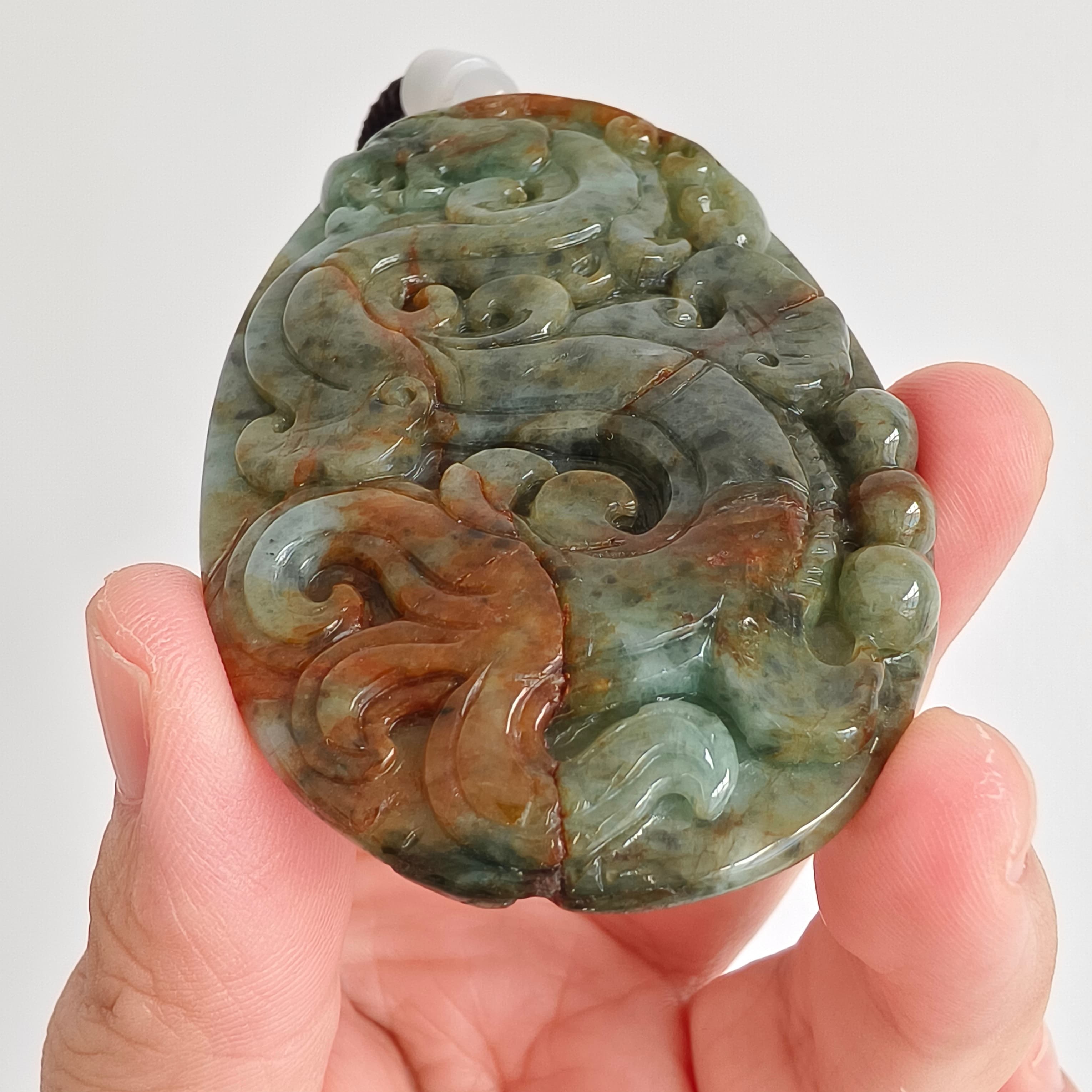 DDP 70mm Natural Certificated Multi Color Burmese Jadeite Oval Pendant With Dragon Carved
