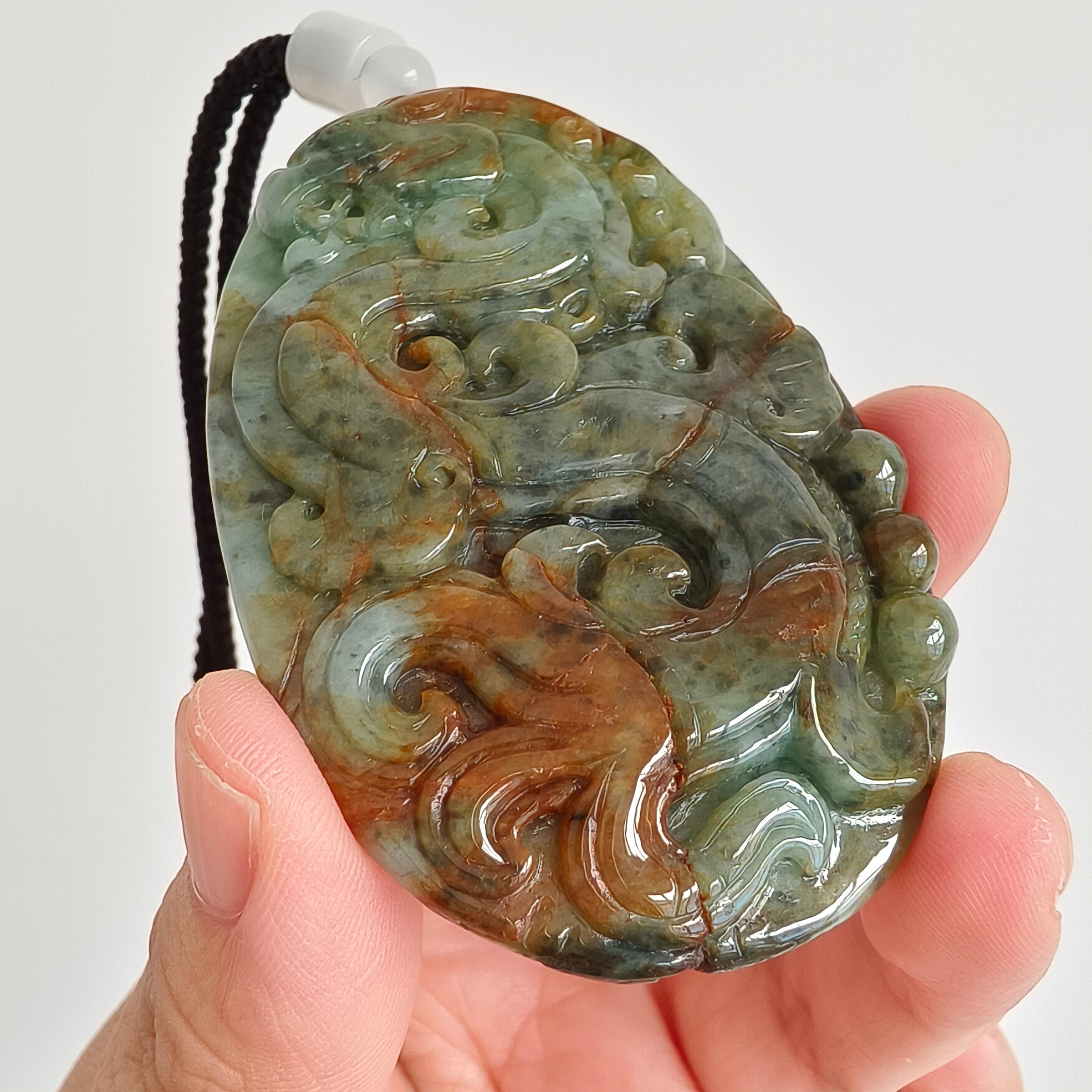 DDP 70mm Natural Certificated Multi Color Burmese Jadeite Oval Pendant With Dragon Carved