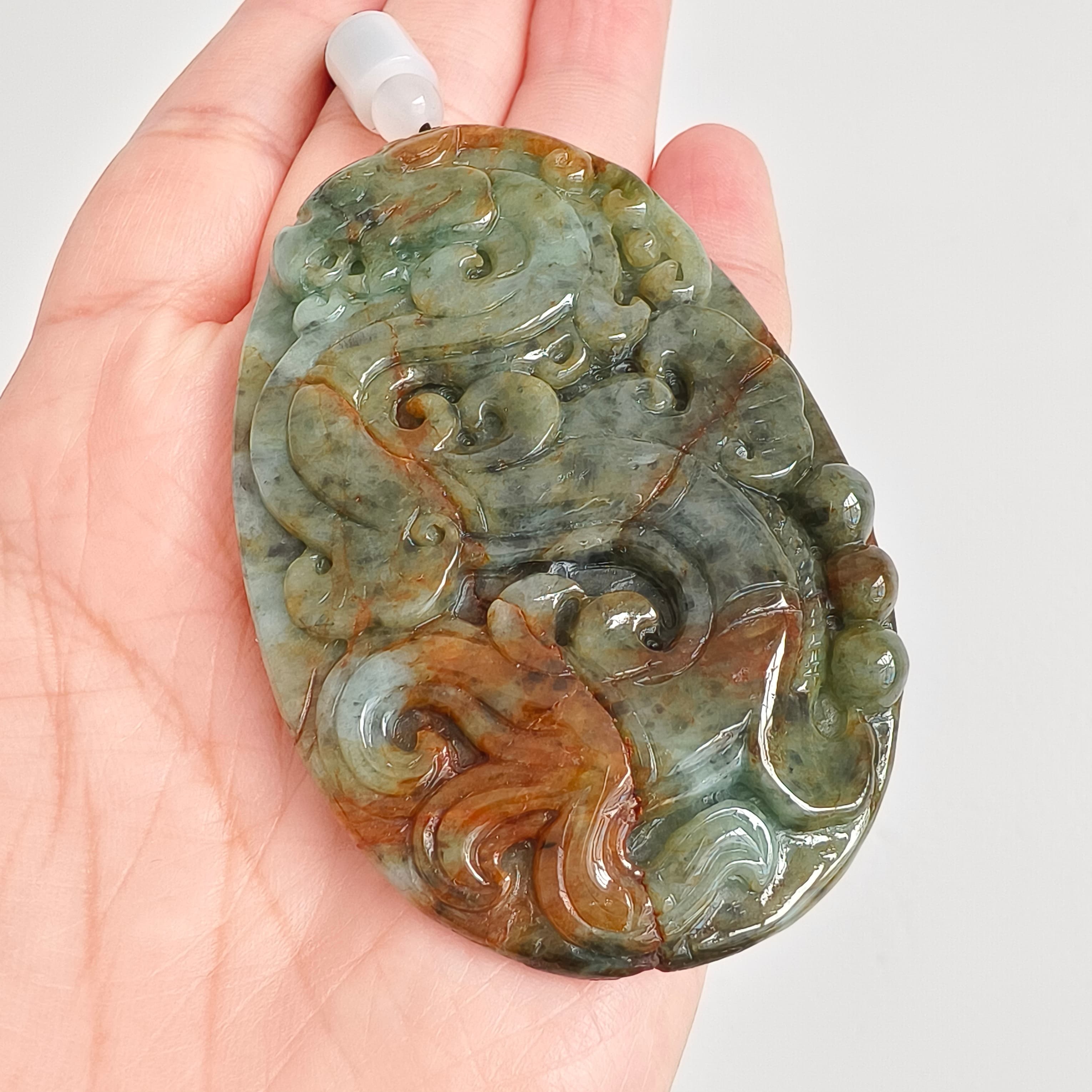 DDP 70mm Natural Certificated Multi Color Burmese Jadeite Oval Pendant With Dragon Carved
