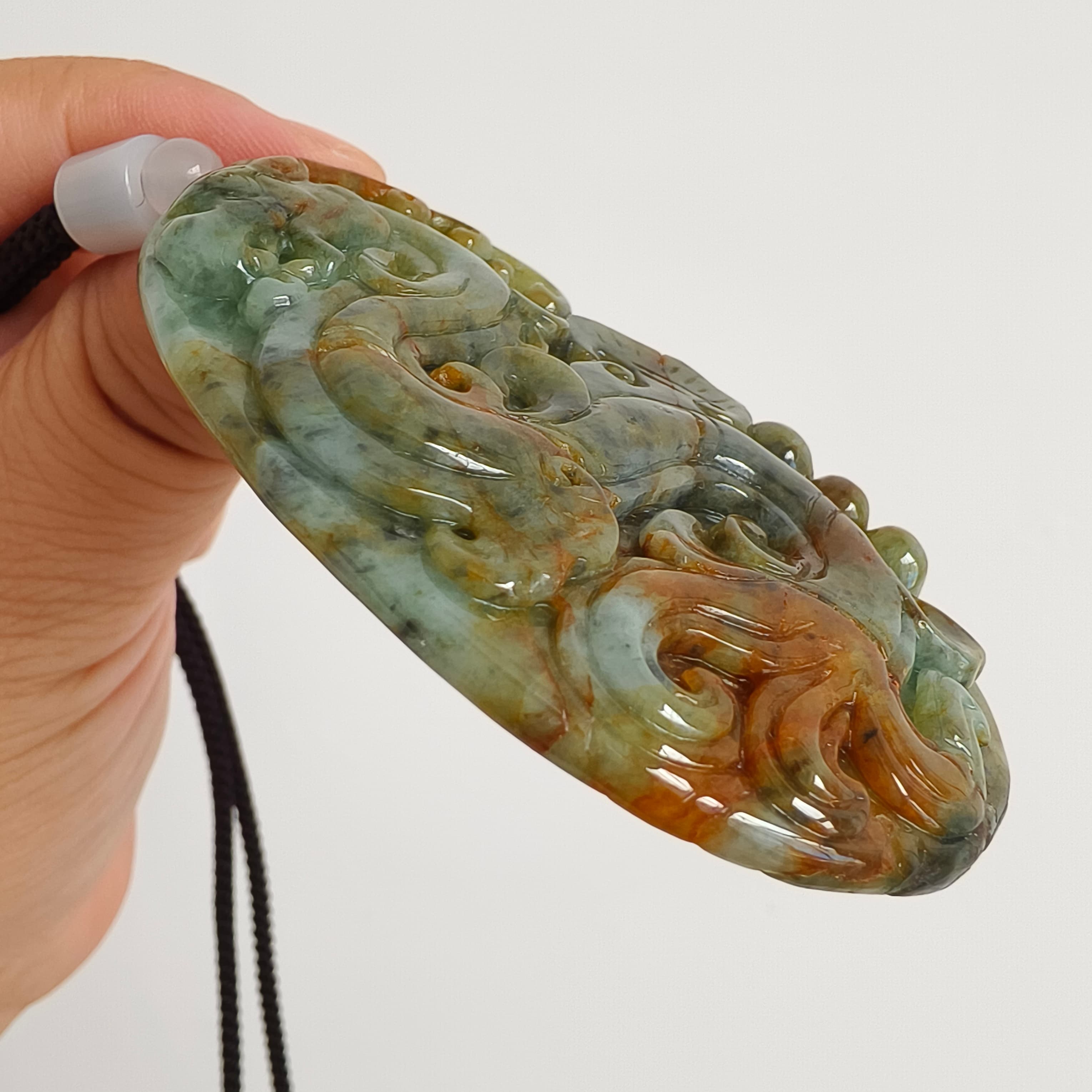 DDP 70mm Natural Certificated Multi Color Burmese Jadeite Oval Pendant With Dragon Carved
