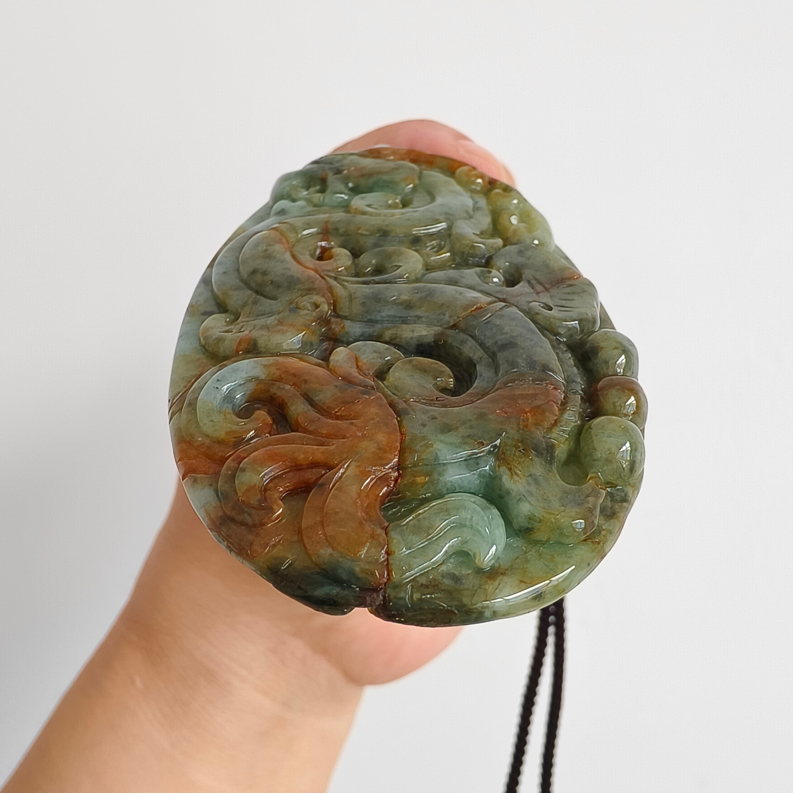 DDP 70mm Natural Certificated Multi Color Burmese Jadeite Oval Pendant With Dragon Carved