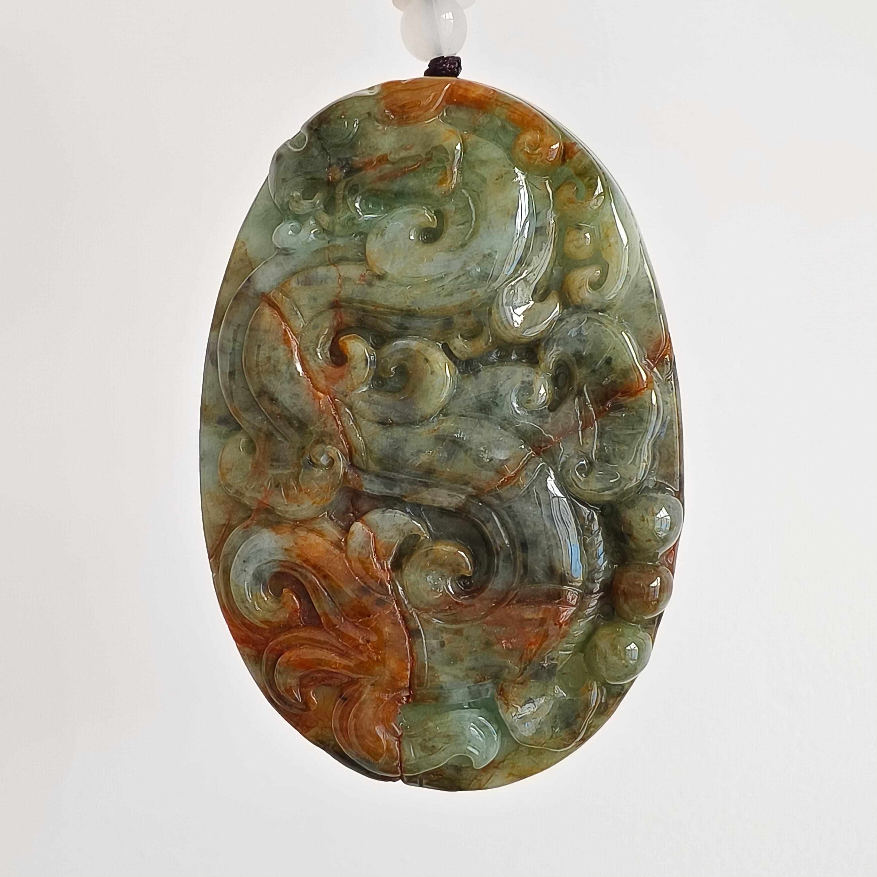 DDP 70mm Natural Certificated Multi Color Burmese Jadeite Oval Pendant With Dragon Carved