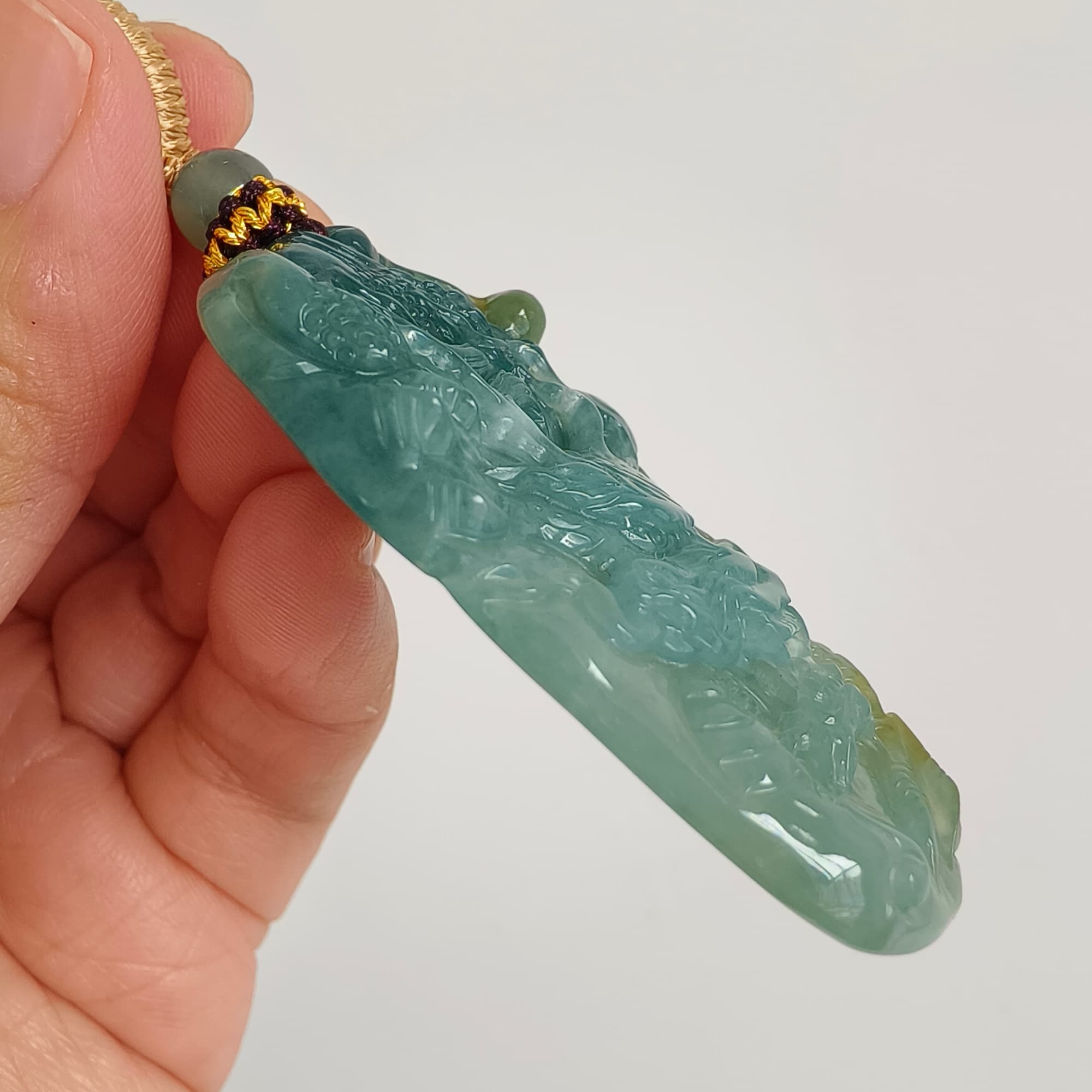 DDP 55.5mm Natural Type A Icy Blue Yellow Guatemalan Jadeite Dragon Pendant