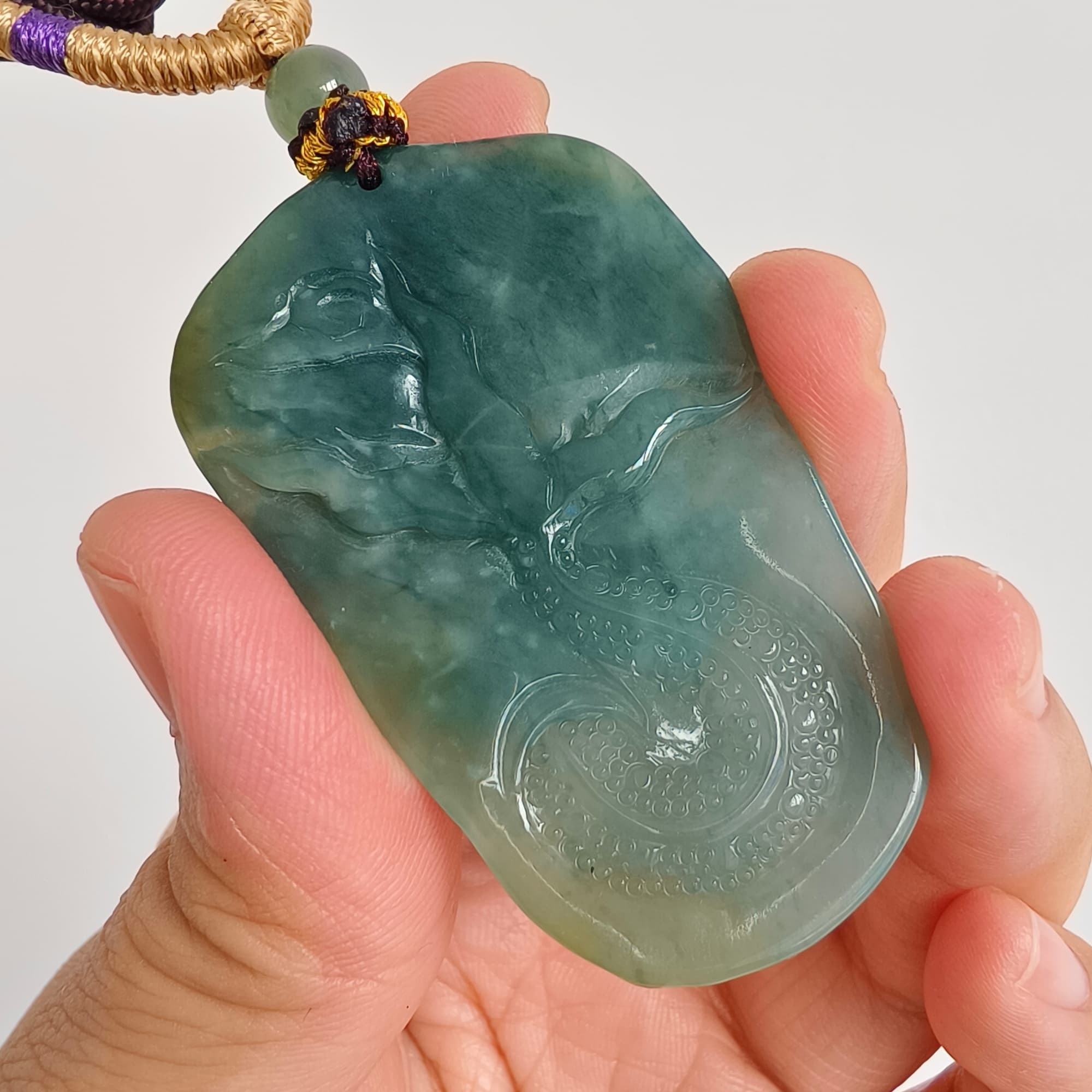 DDP 55.5mm Natural Type A Icy Blue Yellow Guatemalan Jadeite Dragon Pendant