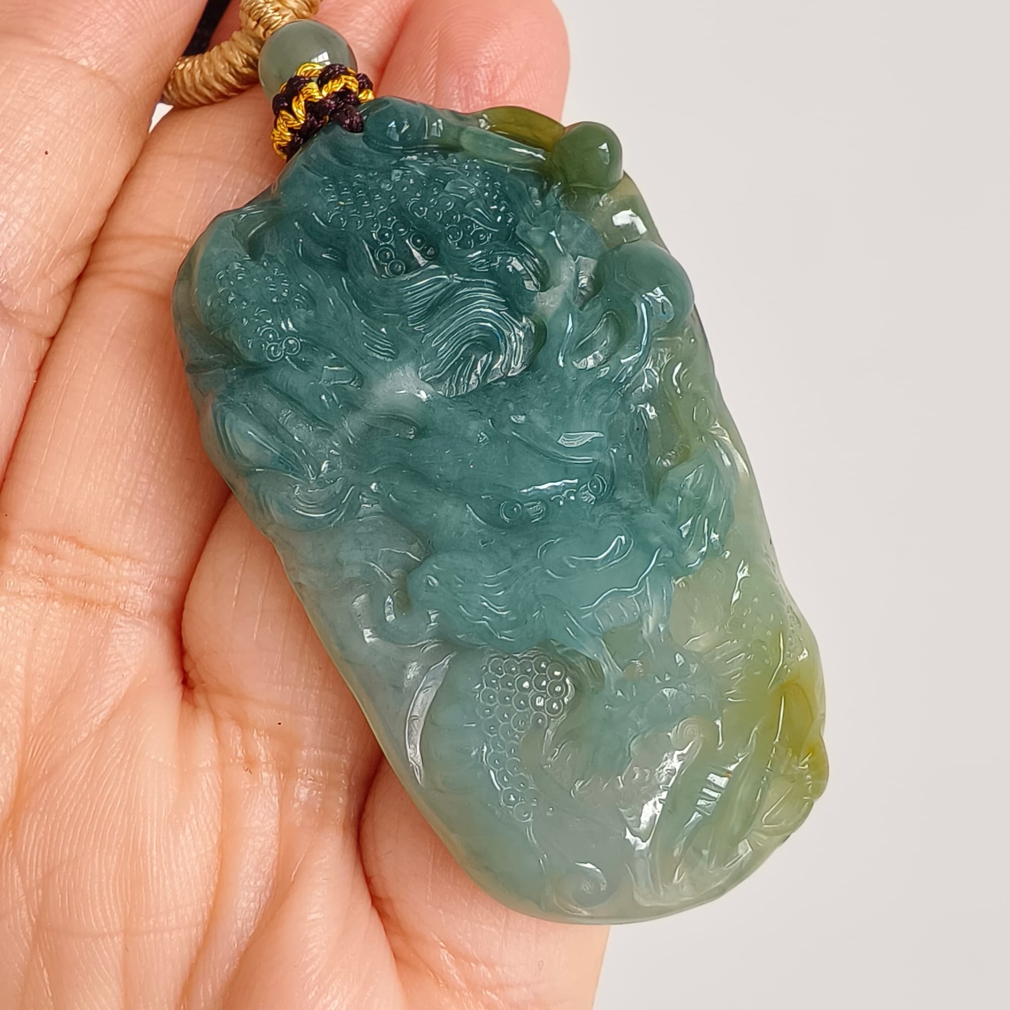 DDP 55.5mm Natural Type A Icy Blue Yellow Guatemalan Jadeite Dragon Pendant