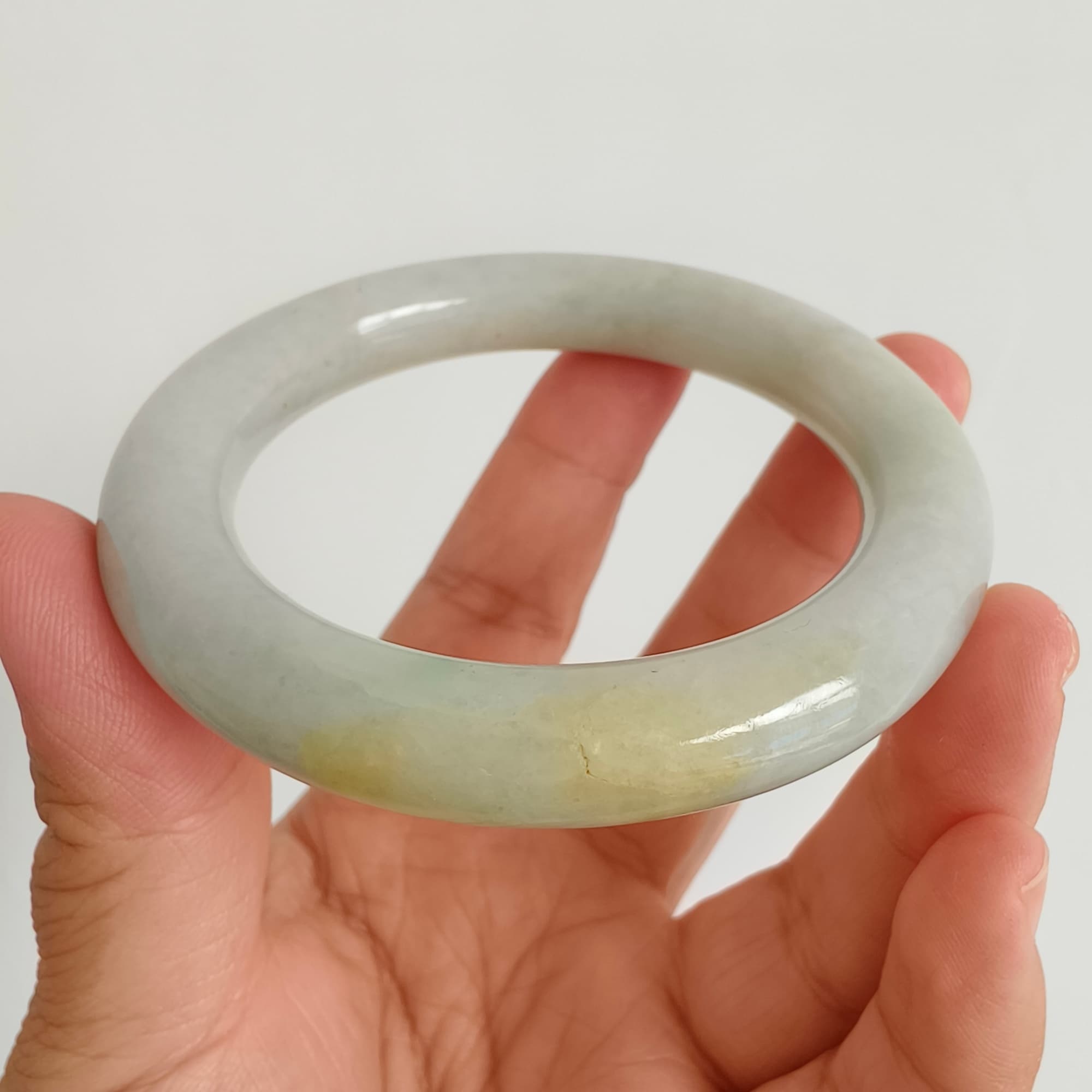 DDP 54.5mm Natural Light Green Yellow Burmese Jadeite Round Band Bangle