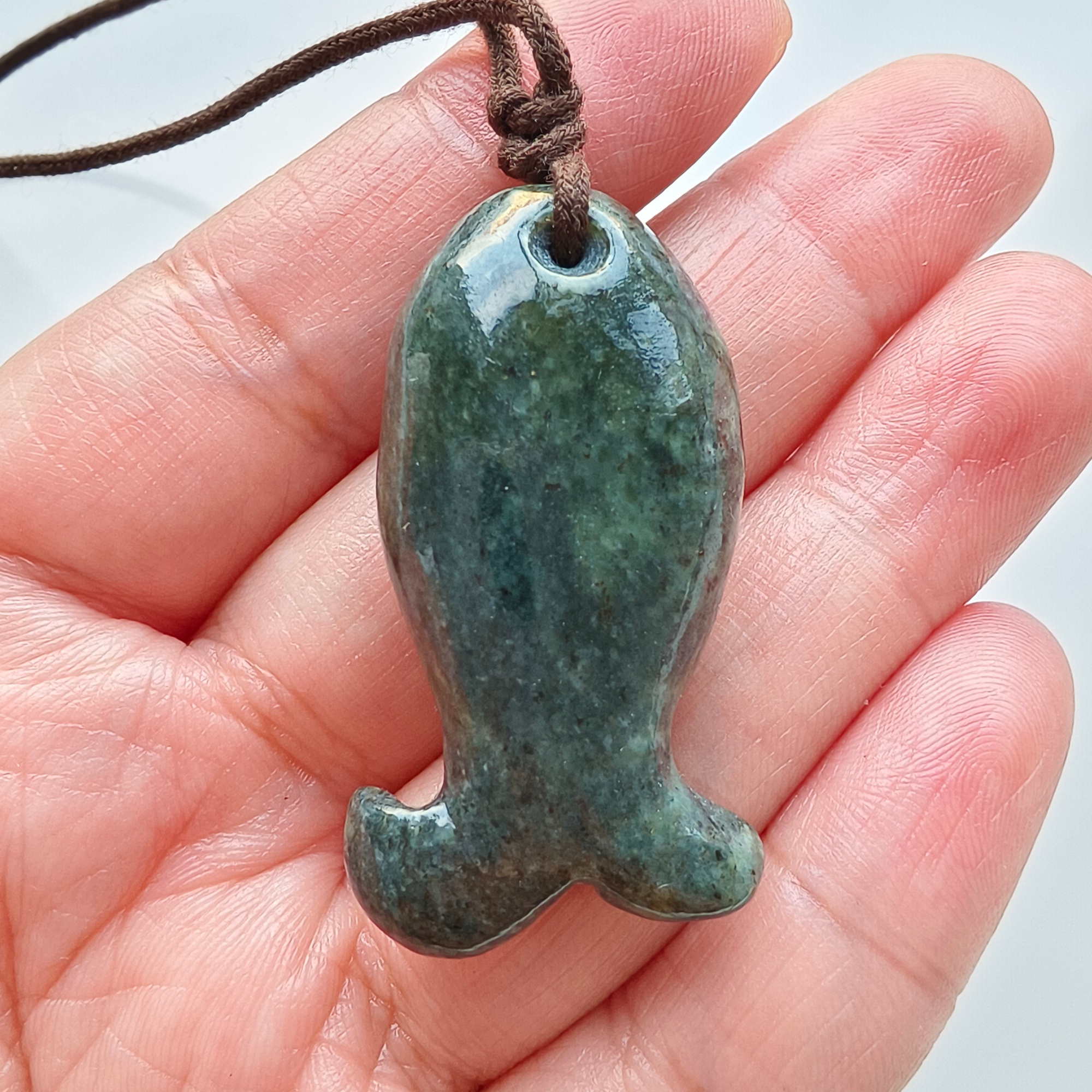 DDP 40mm Natural Black Genuine Precious Nephrite Fish Pendant