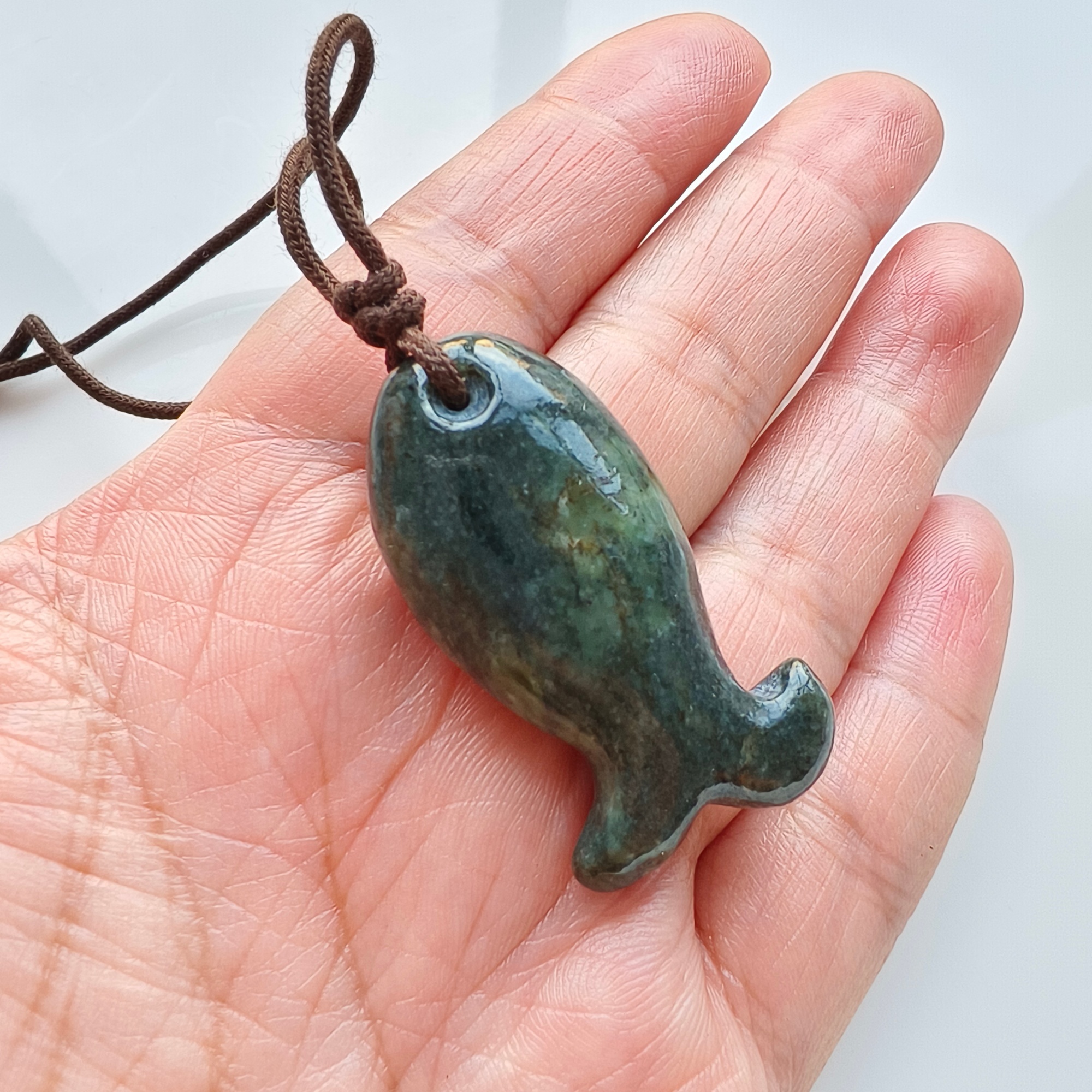 DDP 40mm Natural Black Genuine Precious Nephrite Fish Pendant