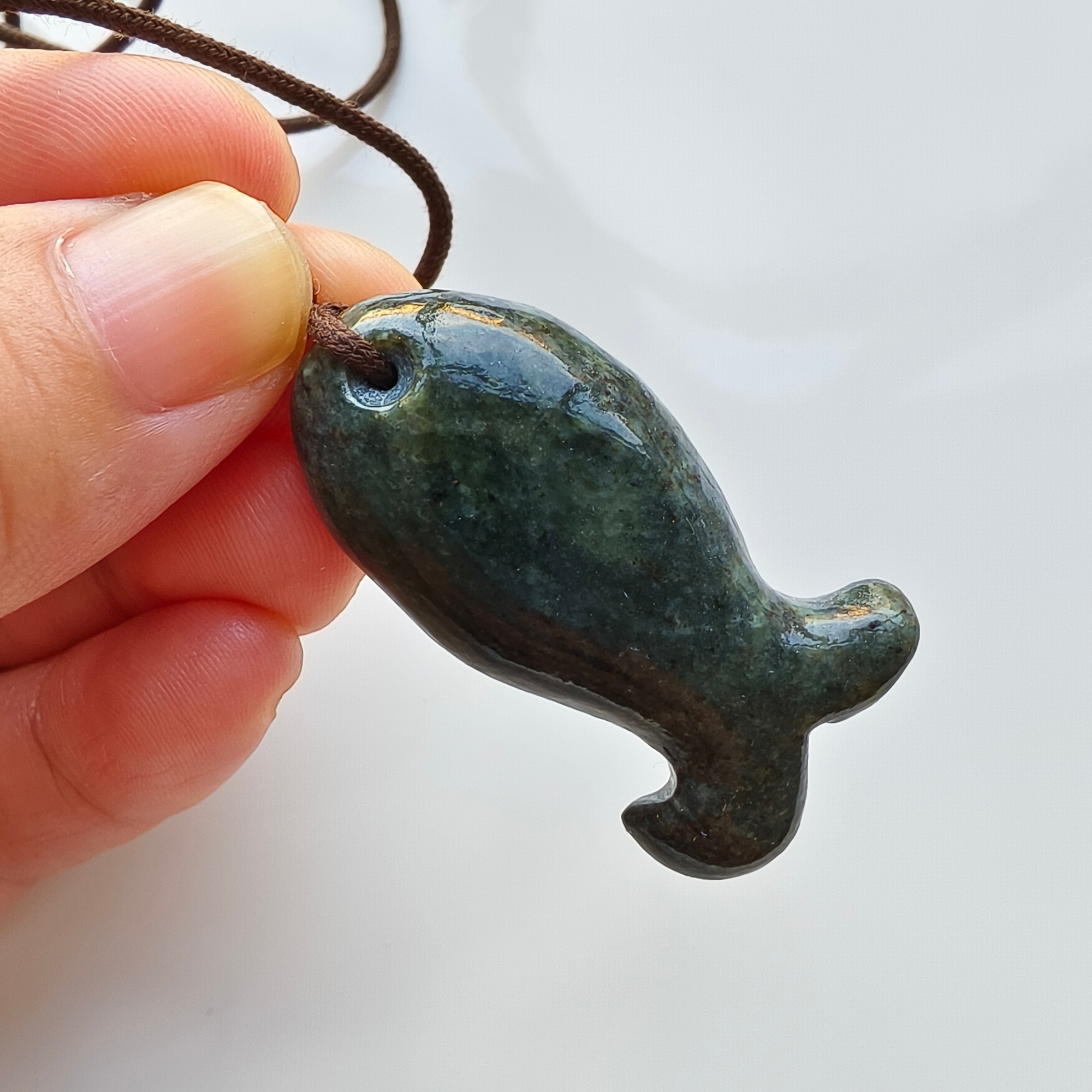 DDP 40mm Natural Black Genuine Precious Nephrite Fish Pendant