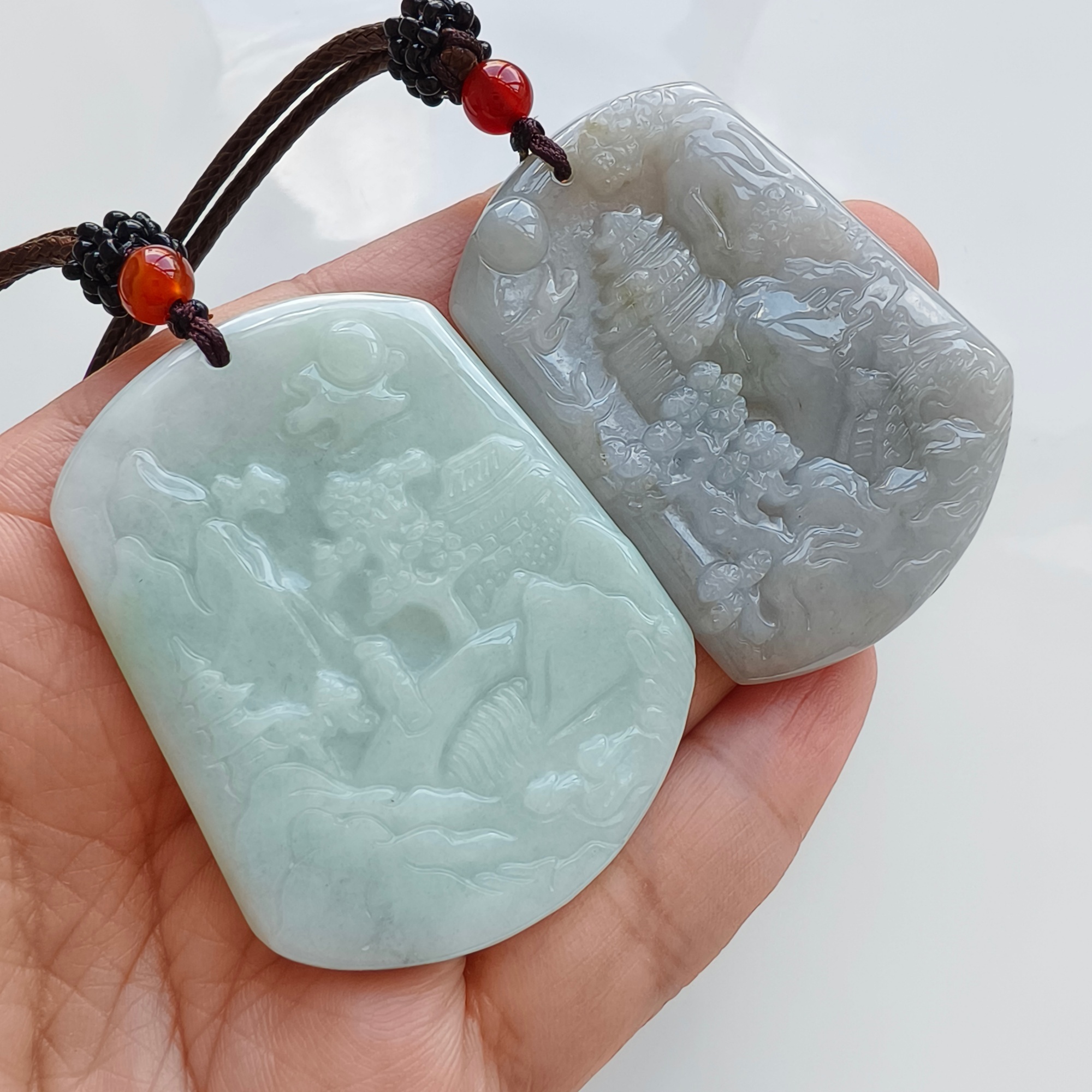 DDP 51.5mm Natural Type A Untreated Green Gray Burmese Jadeite Landscape Plaque