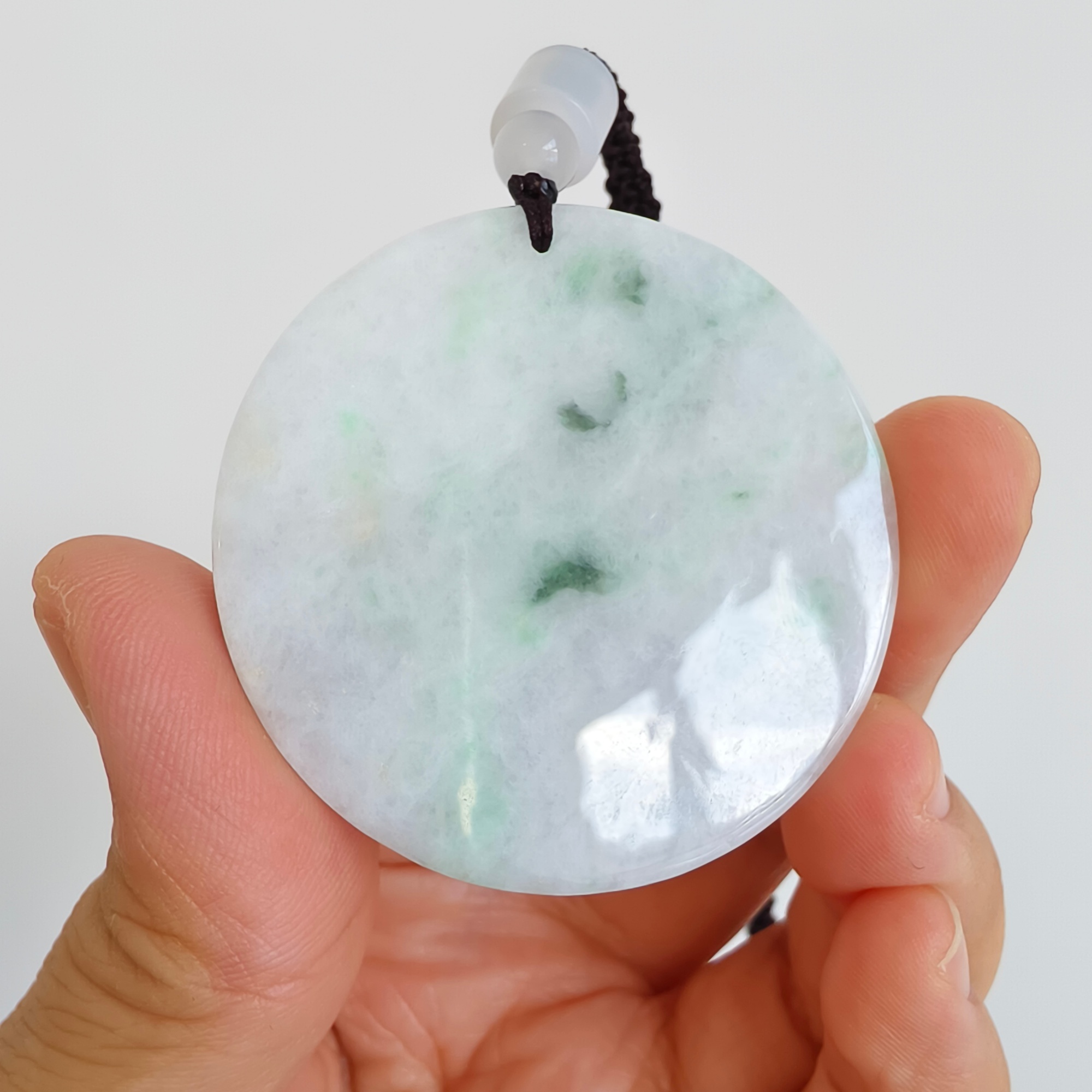 DDP 46mm Natural Type A Untreated Green White Burmese Jadeite Round Pendant With Nine Tailed Fox Carved