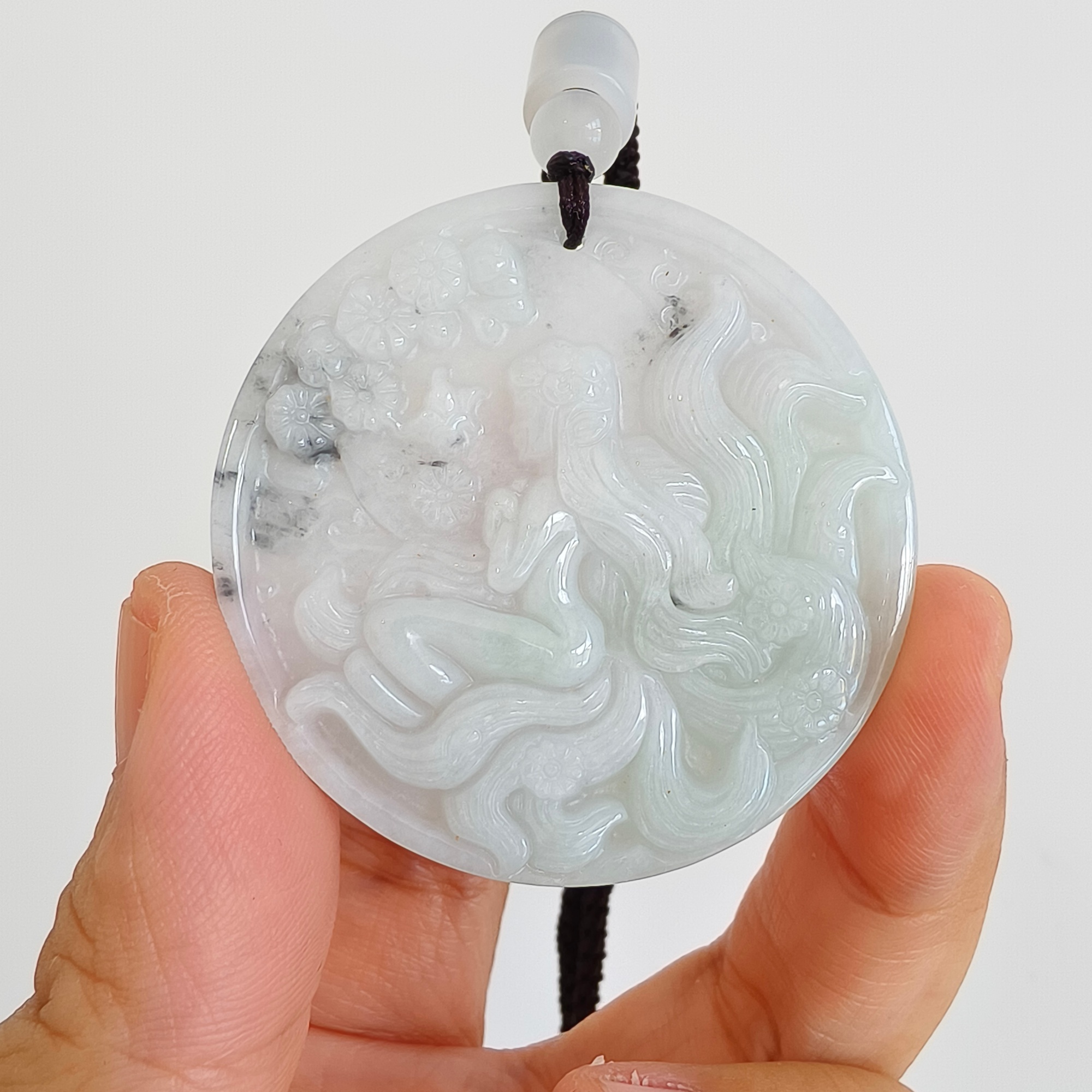 DDP 46mm Natural Type A Untreated Green White Burmese Jadeite Round Pendant With Nine Tailed Fox Carved