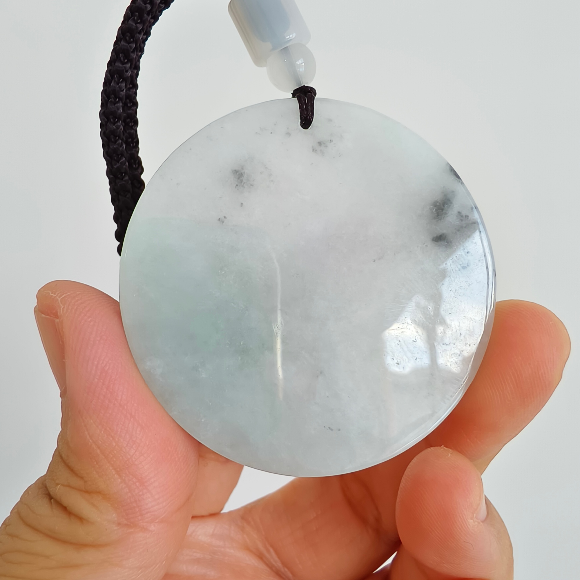 DDP 46mm Natural Type A Untreated Green White Burmese Jadeite Round Pendant With Nine Tailed Fox Carved