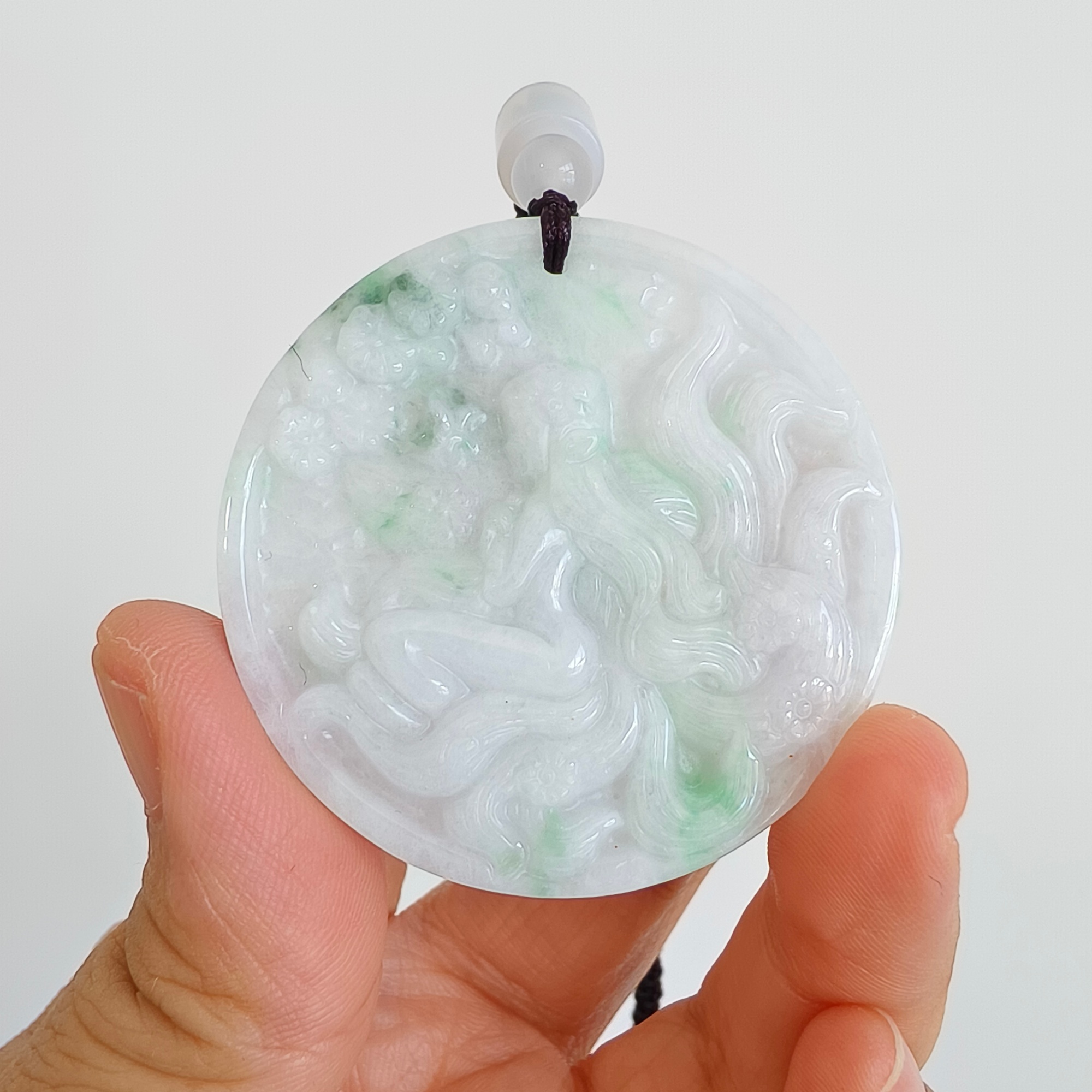DDP 46mm Natural Type A Untreated Green White Burmese Jadeite Round Pendant With Nine Tailed Fox Carved