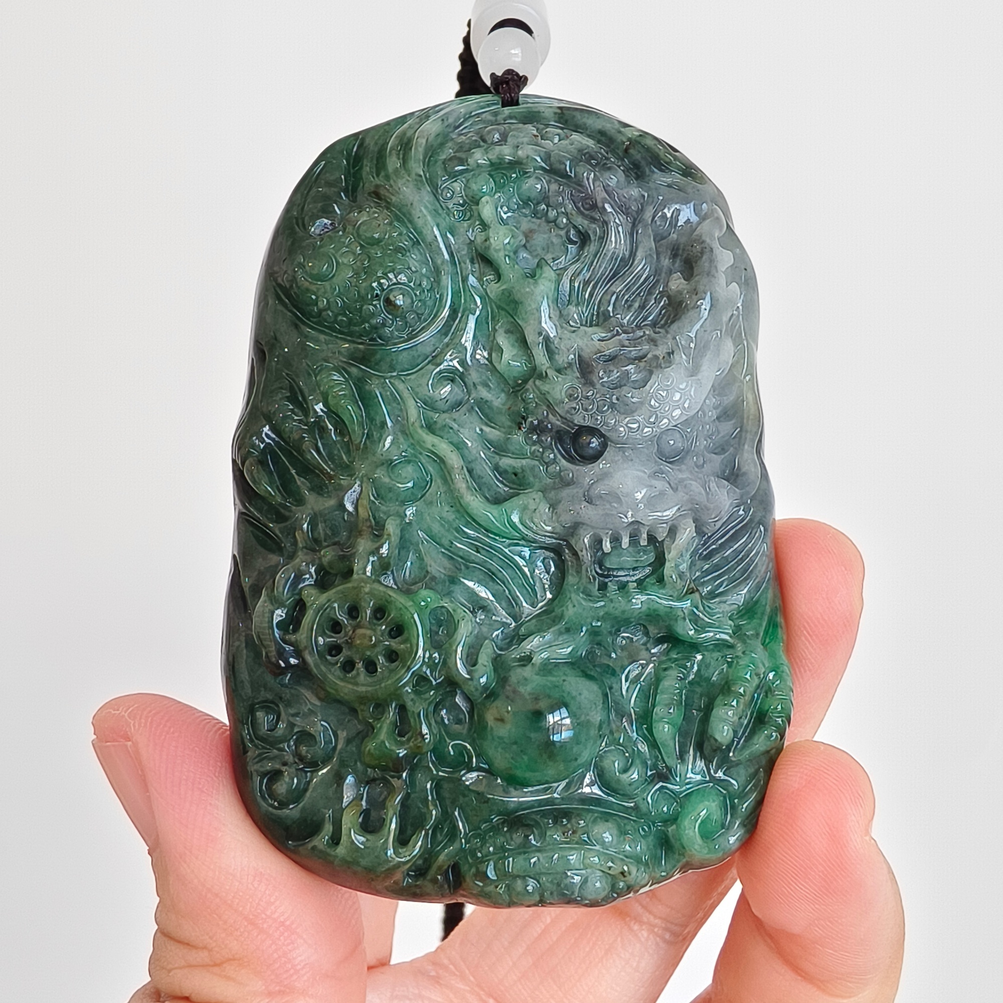 DDP 75mm Natural Type A Untreated Green Gray Burmese Jadeite Dragon Amulet Pendant