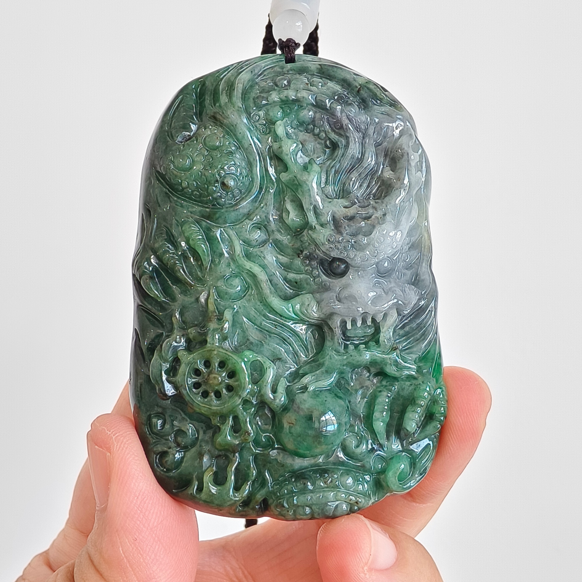 DDP 75mm Natural Type A Untreated Green Gray Burmese Jadeite Dragon Amulet Pendant