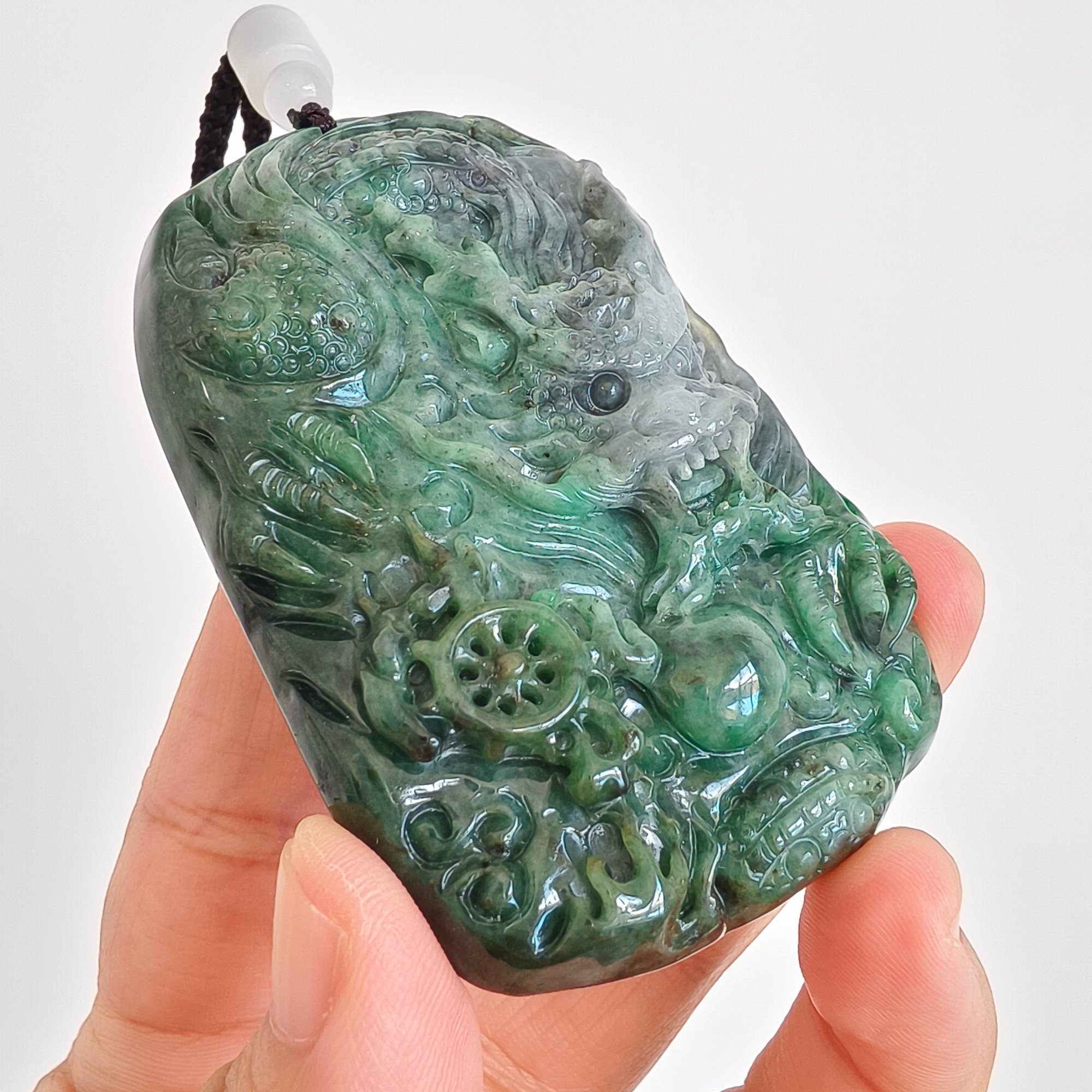 DDP 75mm Natural Type A Untreated Green Gray Burmese Jadeite Dragon Amulet Pendant