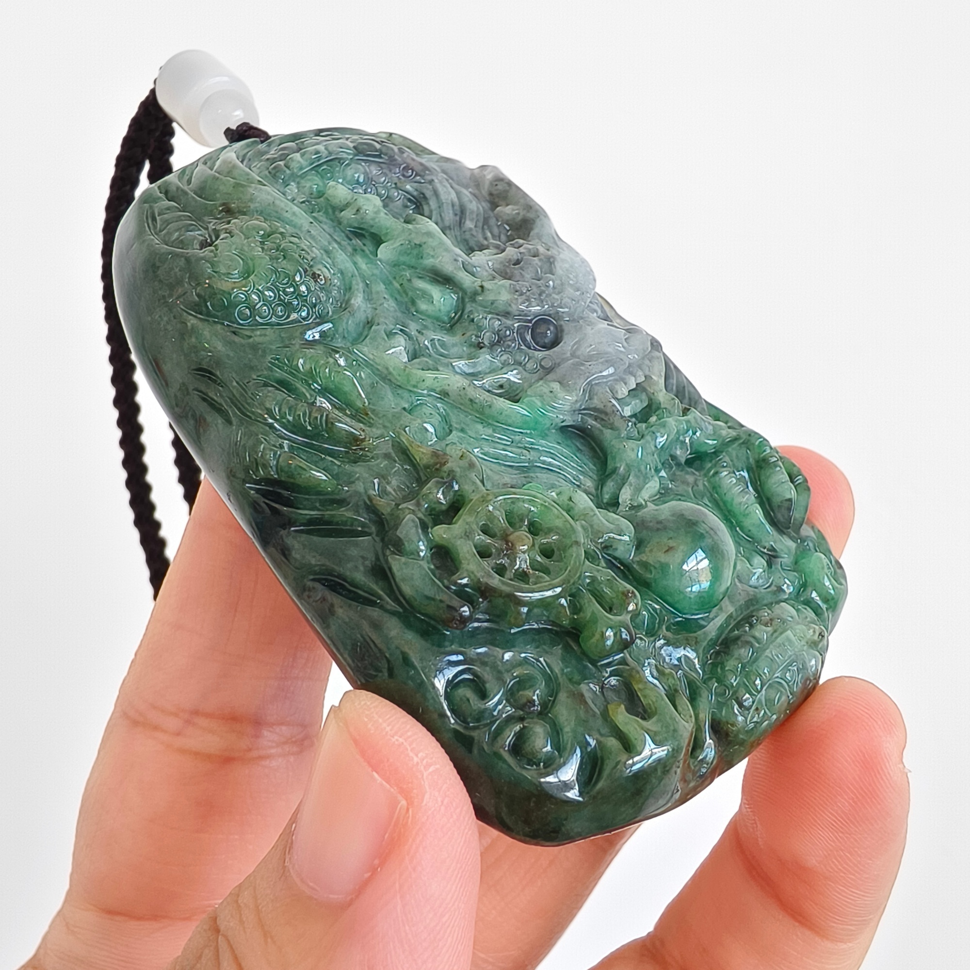 DDP 75mm Natural Type A Untreated Green Gray Burmese Jadeite Dragon Amulet Pendant