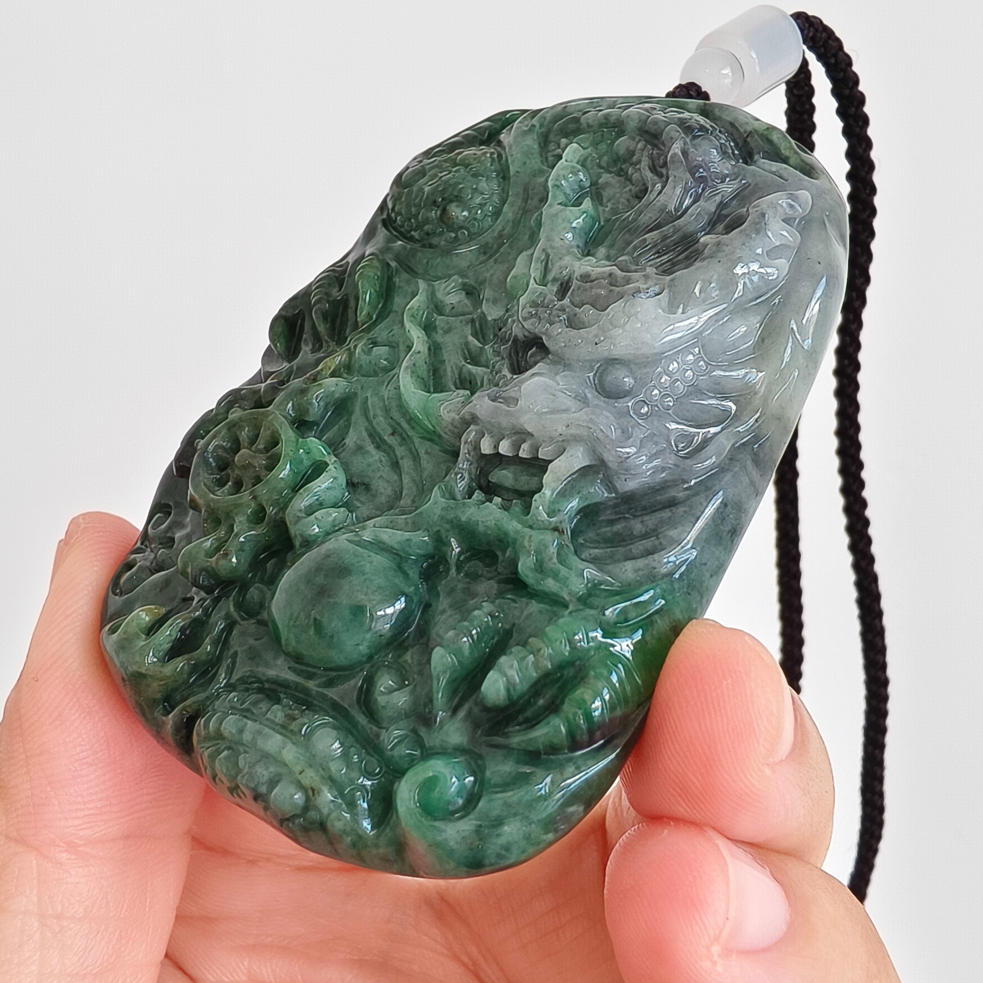 DDP 75mm Natural Type A Untreated Green Gray Burmese Jadeite Dragon Amulet Pendant
