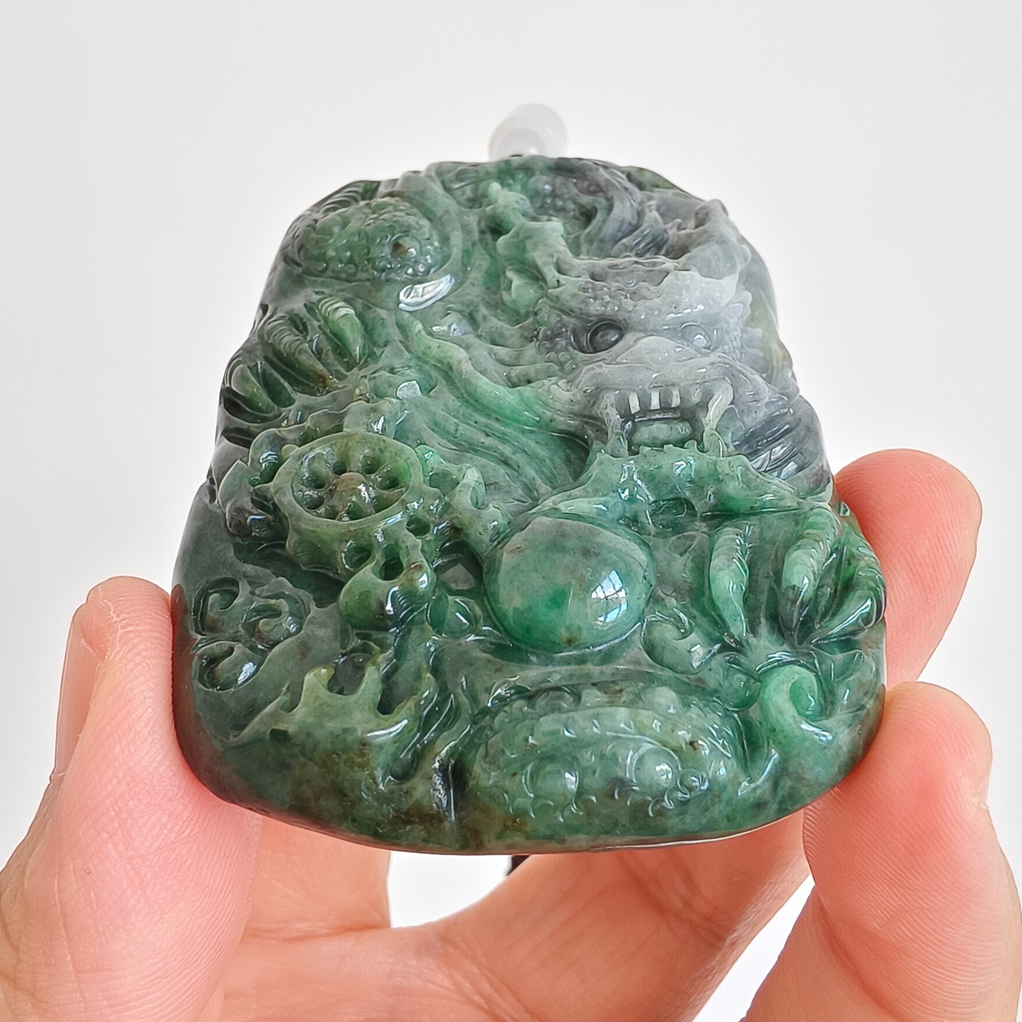 DDP 75mm Natural Type A Untreated Green Gray Burmese Jadeite Dragon Amulet Pendant
