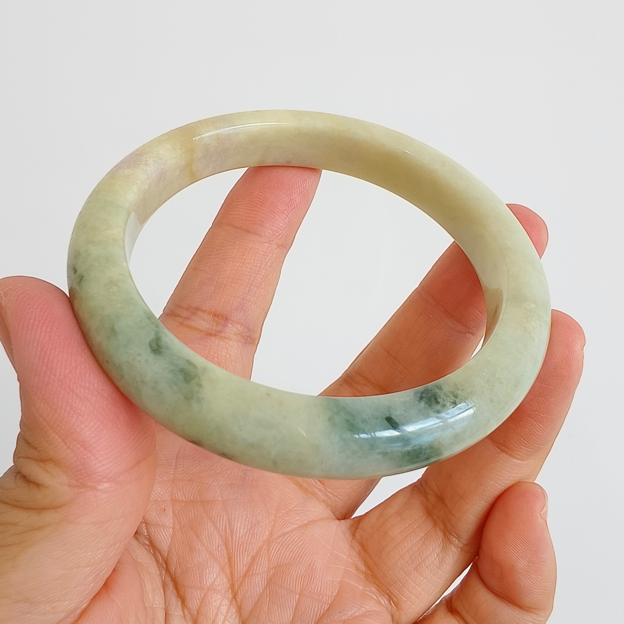 DDP 57.5mm Natural Type A Certificated Green Yellow Moss In Snow Burmese Jadeite Round Band Bangle
