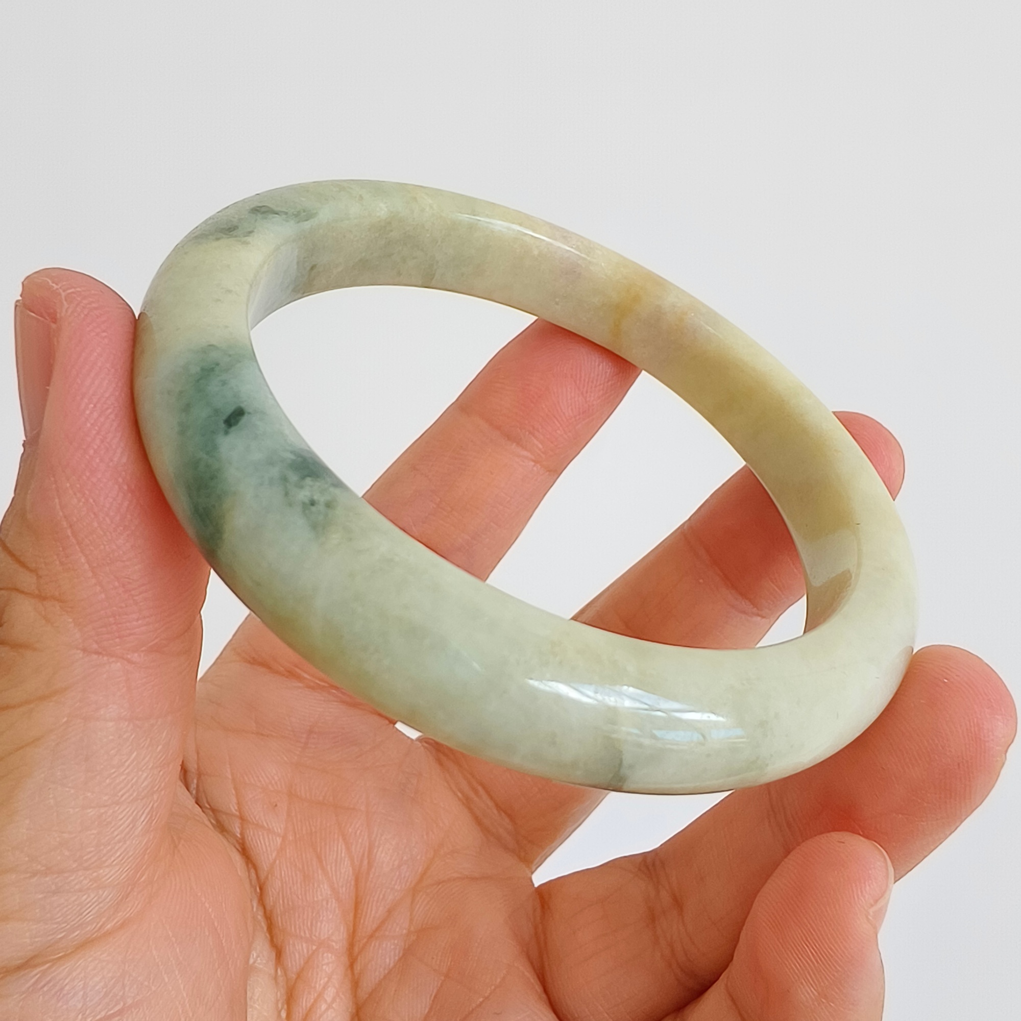 DDP 57.5mm Natural Type A Certificated Green Yellow Moss In Snow Burmese Jadeite Round Band Bangle