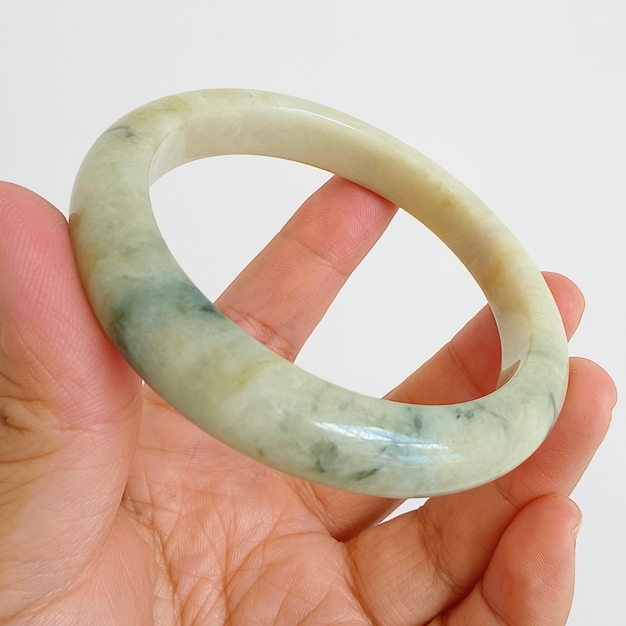 DDP 57.5mm Natural Type A Certificated Green Yellow Moss In Snow Burmese Jadeite Round Band Bangle