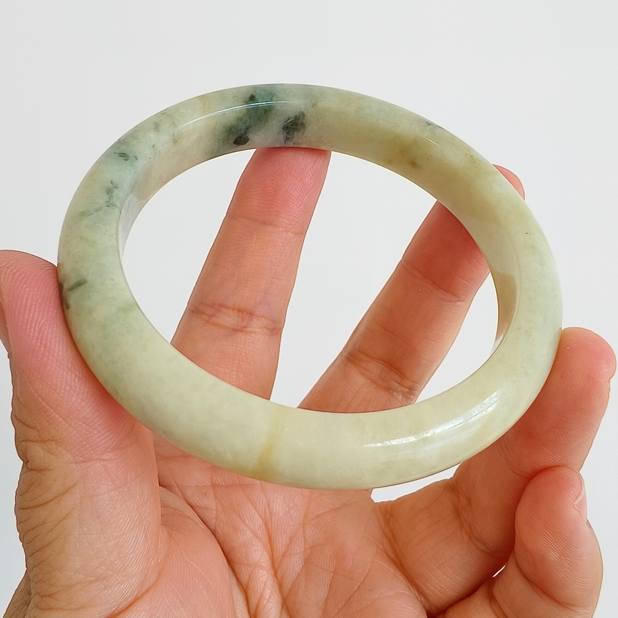 DDP 57.5mm Natural Type A Certificated Green Yellow Moss In Snow Burmese Jadeite Round Band Bangle