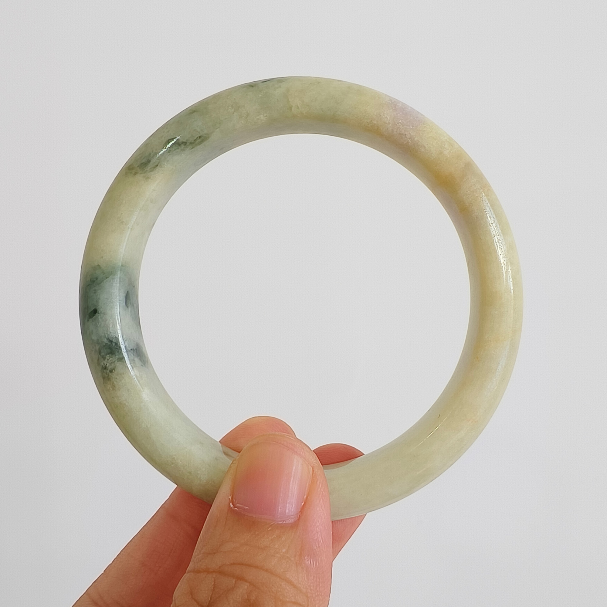 DDP 57.5mm Natural Type A Certificated Green Yellow Moss In Snow Burmese Jadeite Round Band Bangle