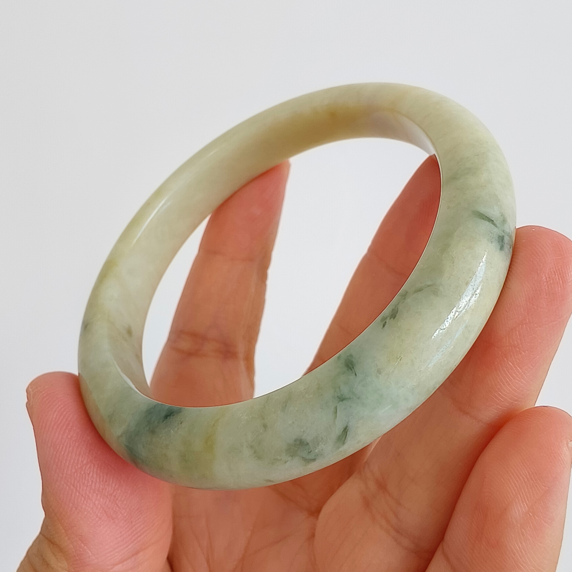 DDP 57.5mm Natural Type A Certificated Green Yellow Moss In Snow Burmese Jadeite Round Band Bangle