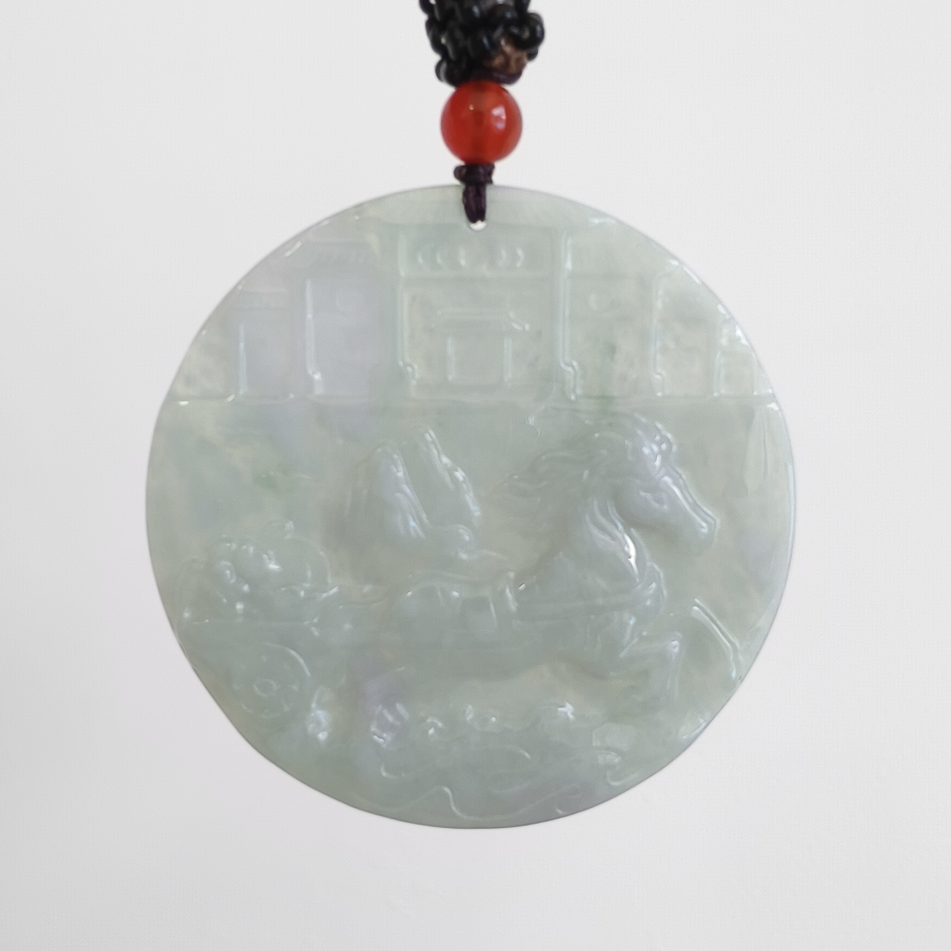 DDP 52mm Natural Type A Untreated Green Yellow Burmese Jadeite Round Pendant With Horse Carved