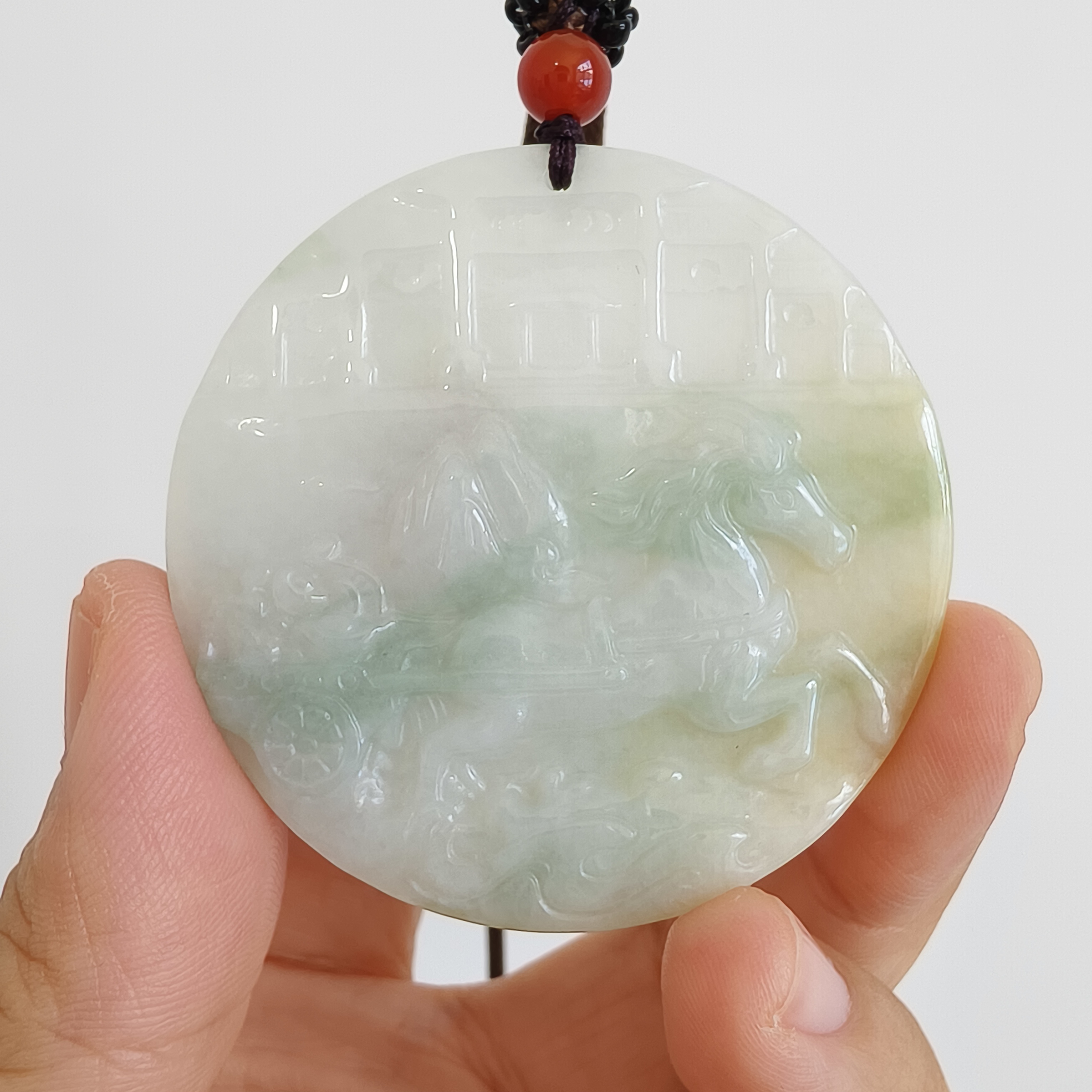 DDP 52mm Natural Type A Untreated Green Yellow Burmese Jadeite Round Pendant With Horse Carved