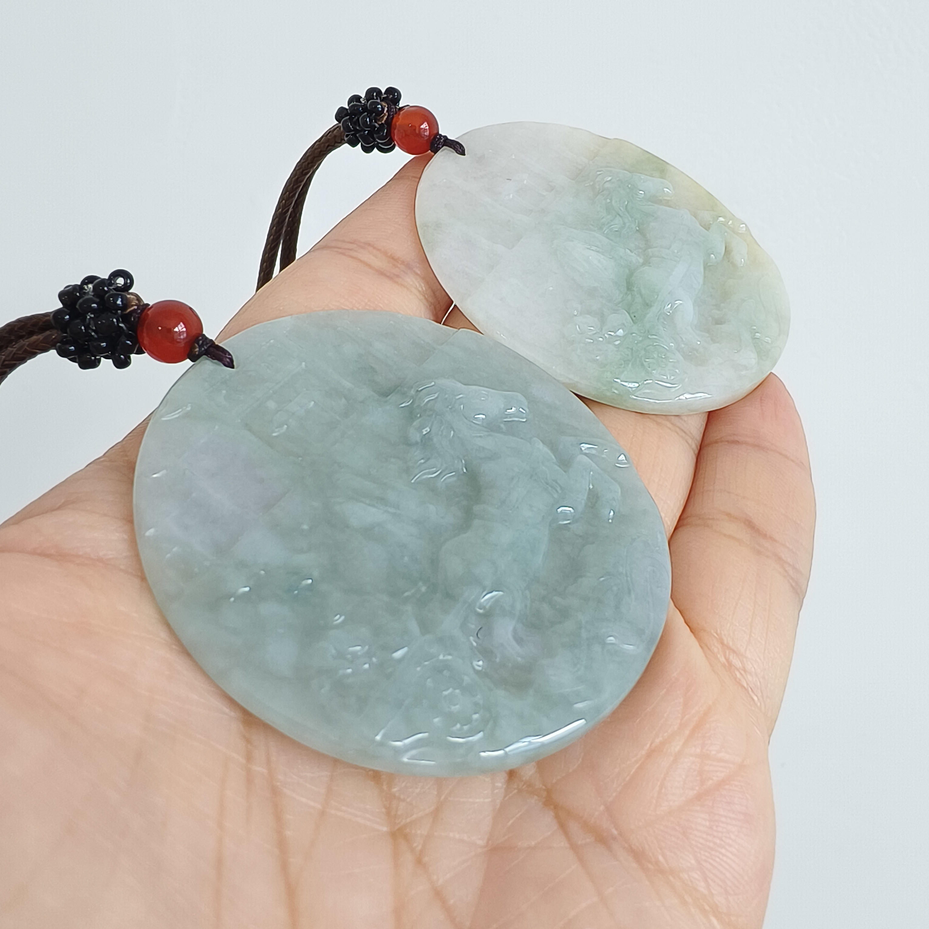 DDP 52mm Natural Type A Untreated Green Yellow Burmese Jadeite Round Pendant With Horse Carved