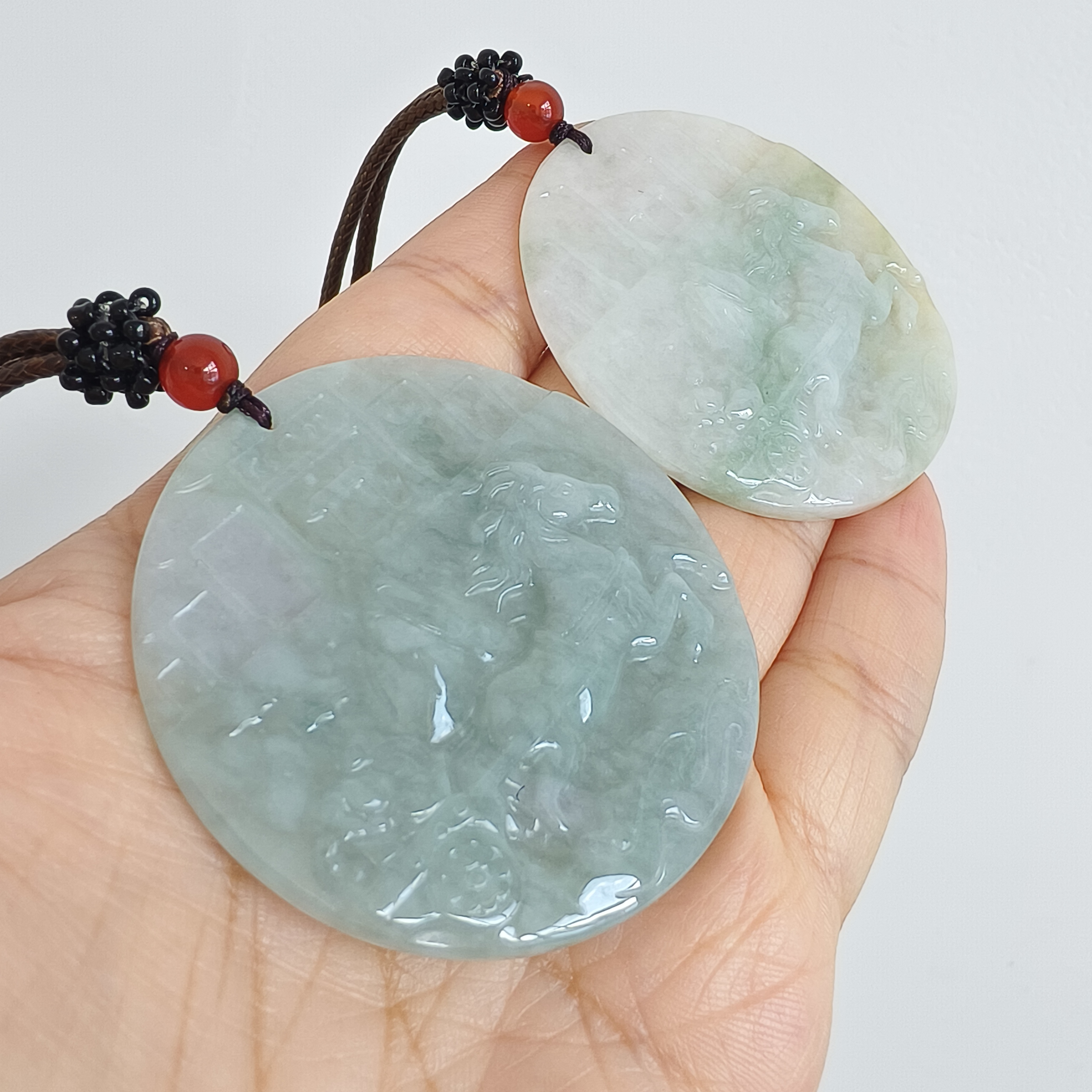 DDP 52mm Natural Type A Untreated Green Yellow Burmese Jadeite Round Pendant With Horse Carved