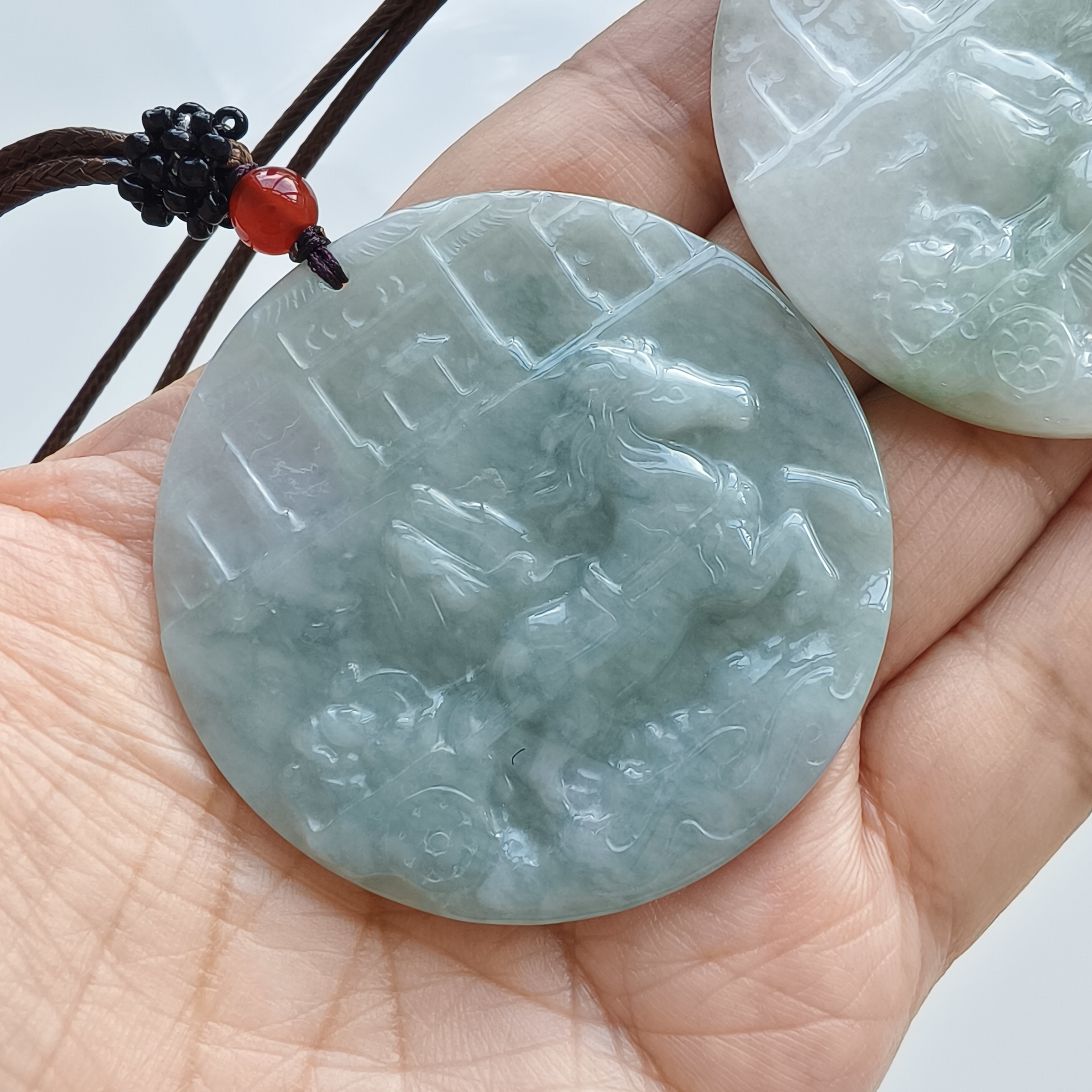 DDP 52mm Natural Type A Untreated Green Yellow Burmese Jadeite Round Pendant With Horse Carved