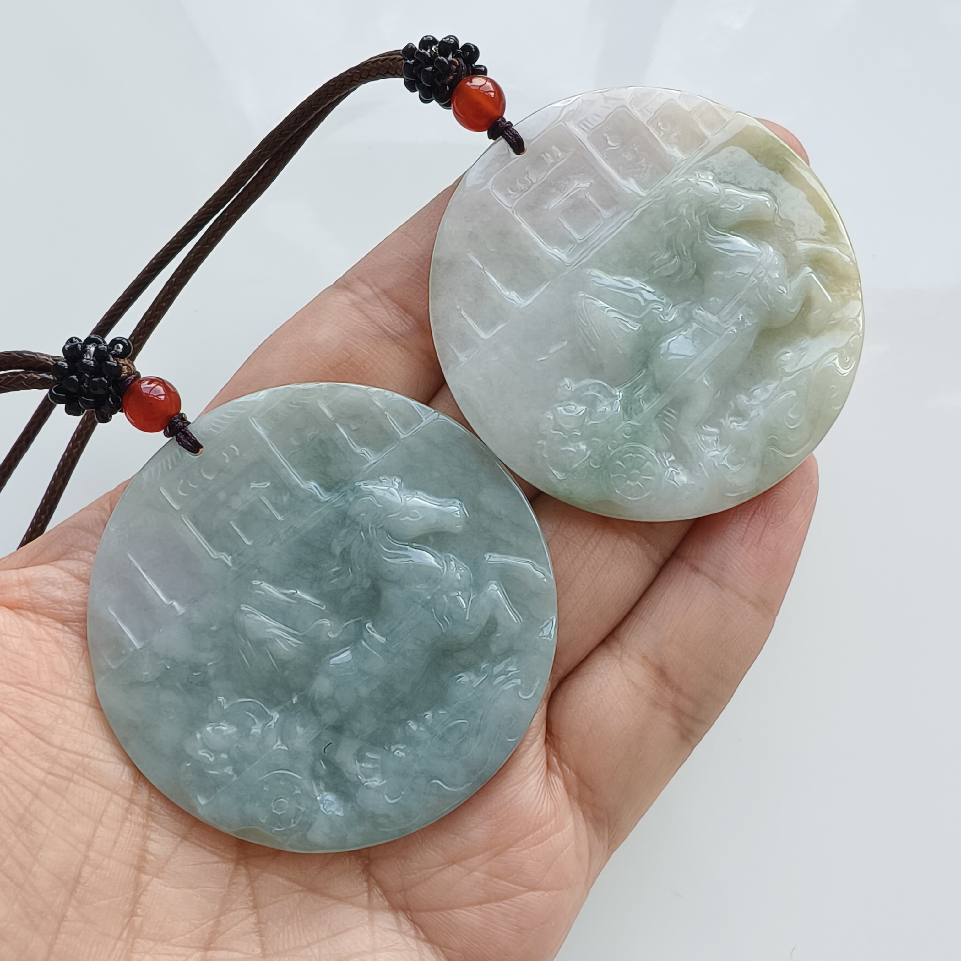 DDP 52mm Natural Type A Untreated Green Yellow Burmese Jadeite Round Pendant With Horse Carved