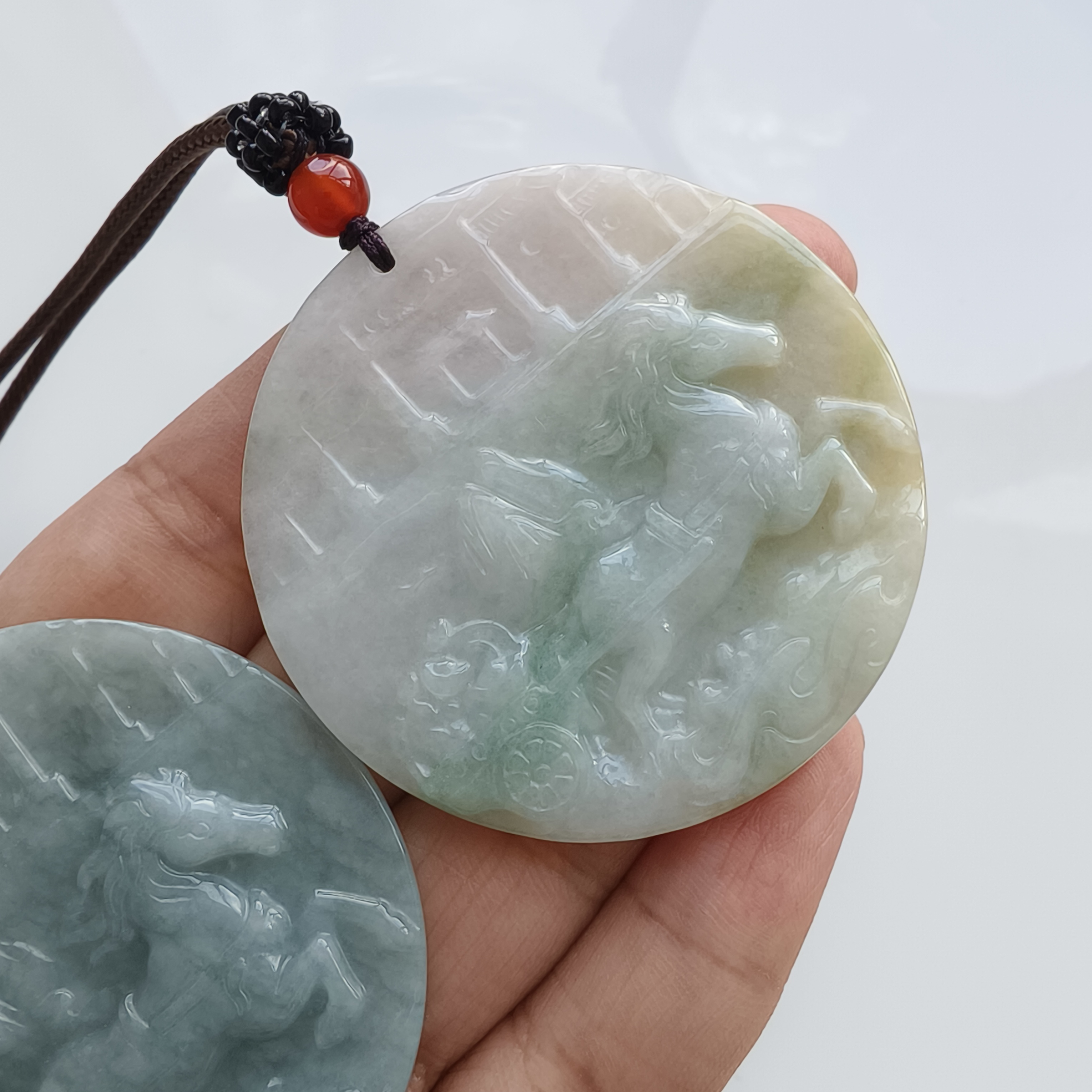 DDP 52mm Natural Type A Untreated Green Yellow Burmese Jadeite Round Pendant With Horse Carved