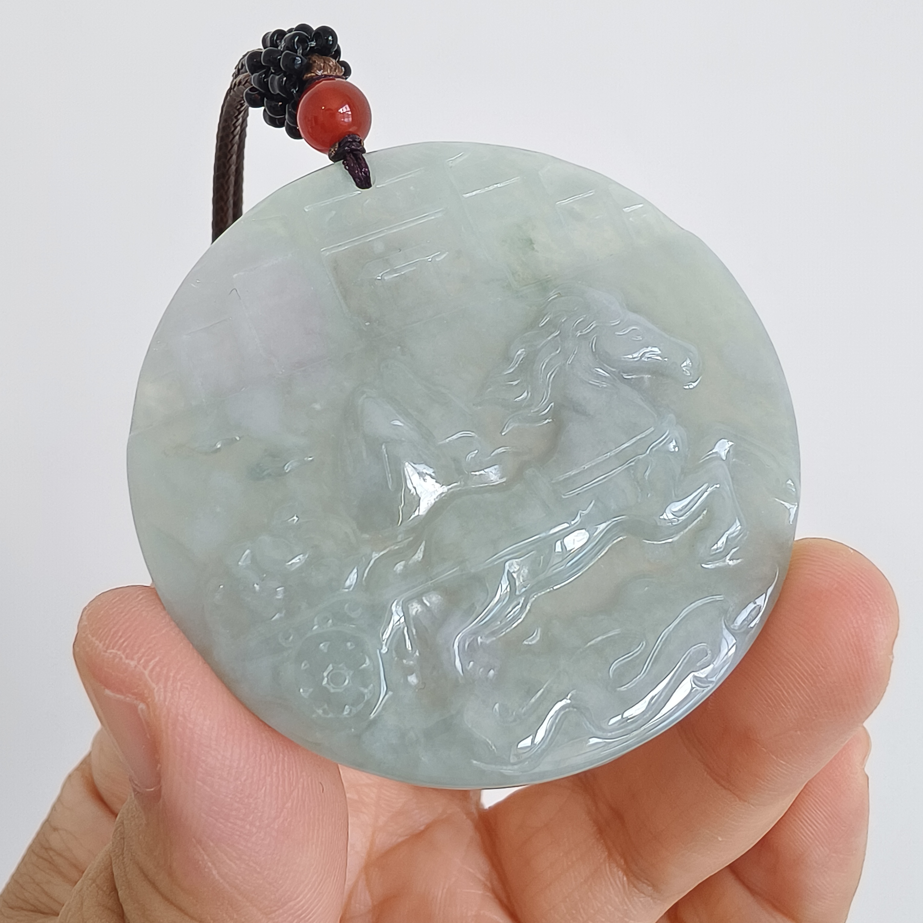 DDP 52mm Natural Type A Untreated Green Yellow Burmese Jadeite Round Pendant With Horse Carved