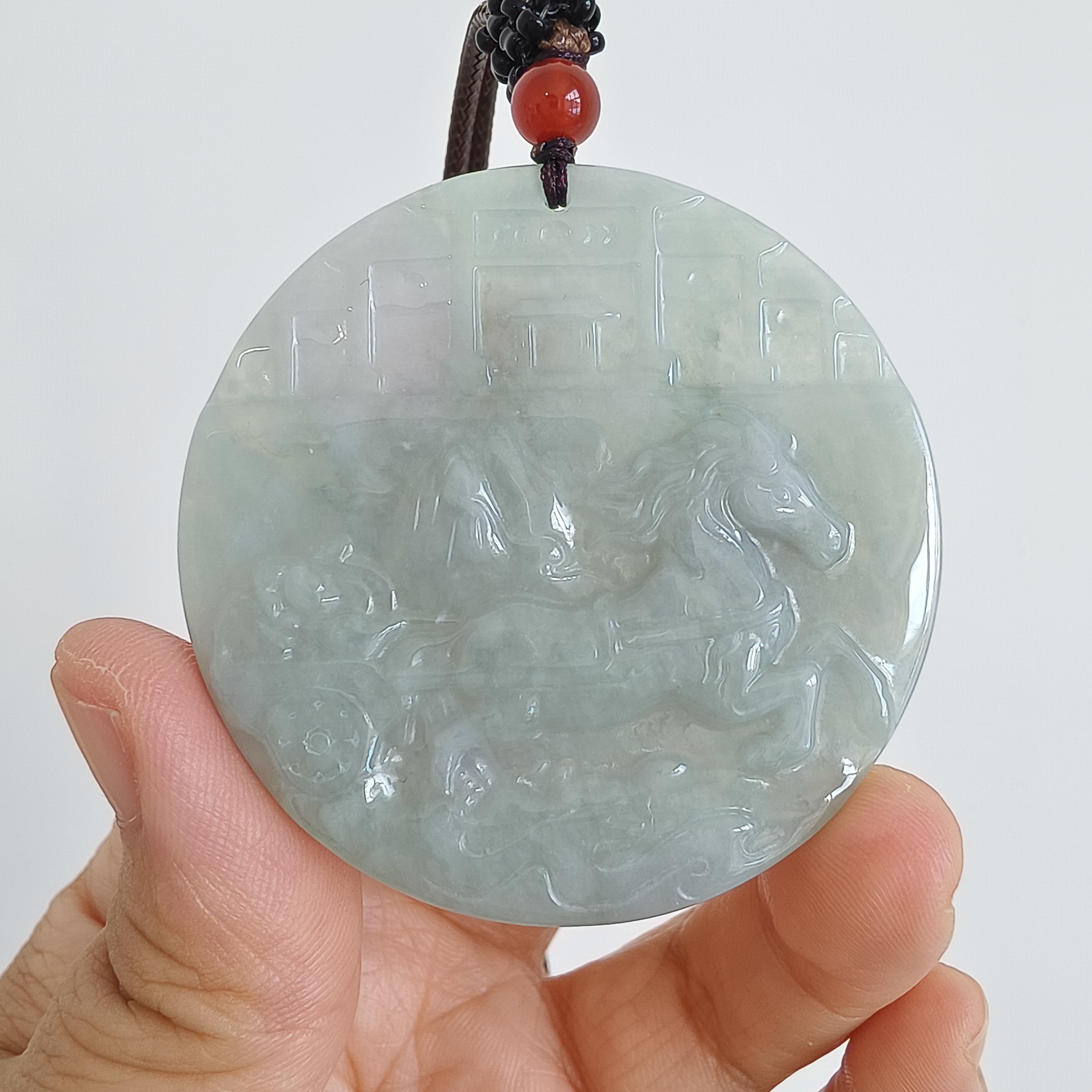 DDP 52mm Natural Type A Untreated Green Yellow Burmese Jadeite Round Pendant With Horse Carved