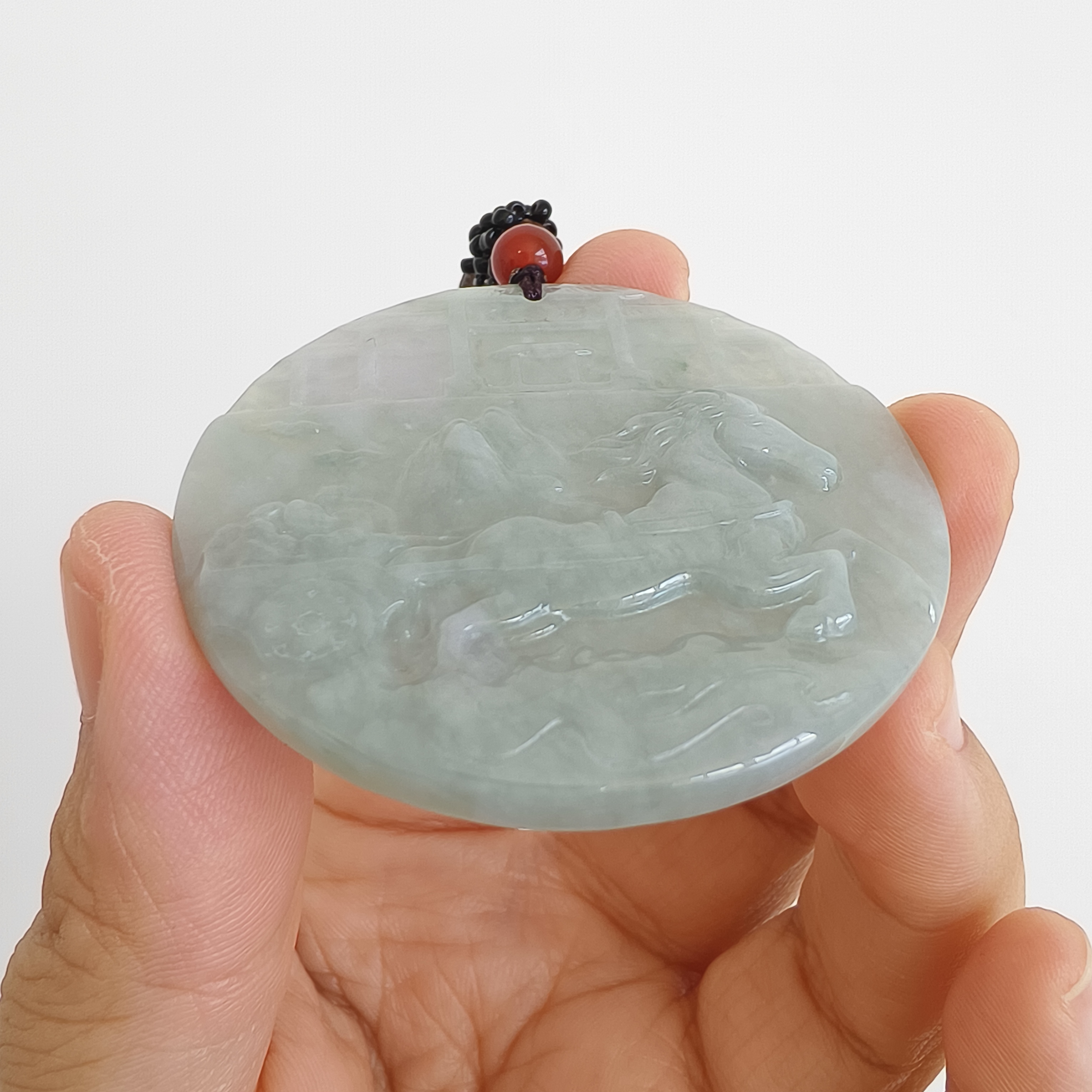 DDP 52mm Natural Type A Untreated Green Yellow Burmese Jadeite Round Pendant With Horse Carved